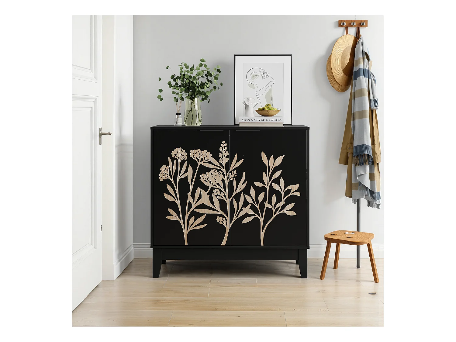 Buffet vintage avec sculpture florale, MDF, noir (80x38x76 cm)