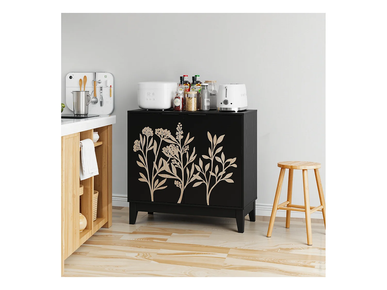 Buffet vintage avec sculpture florale, MDF, noir (80x38x76 cm)