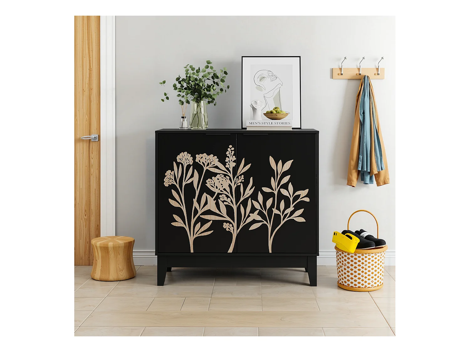 Buffet vintage avec sculpture florale, MDF, noir (80x38x76 cm)
