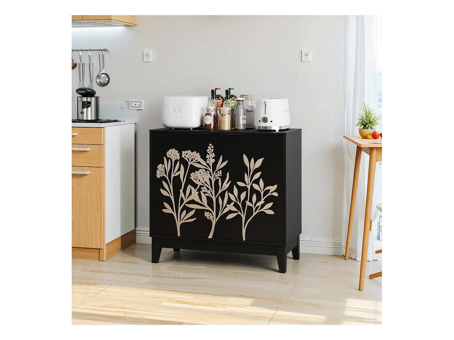 Buffet vintage avec sculpture florale, MDF, noir (80x38x76 cm)