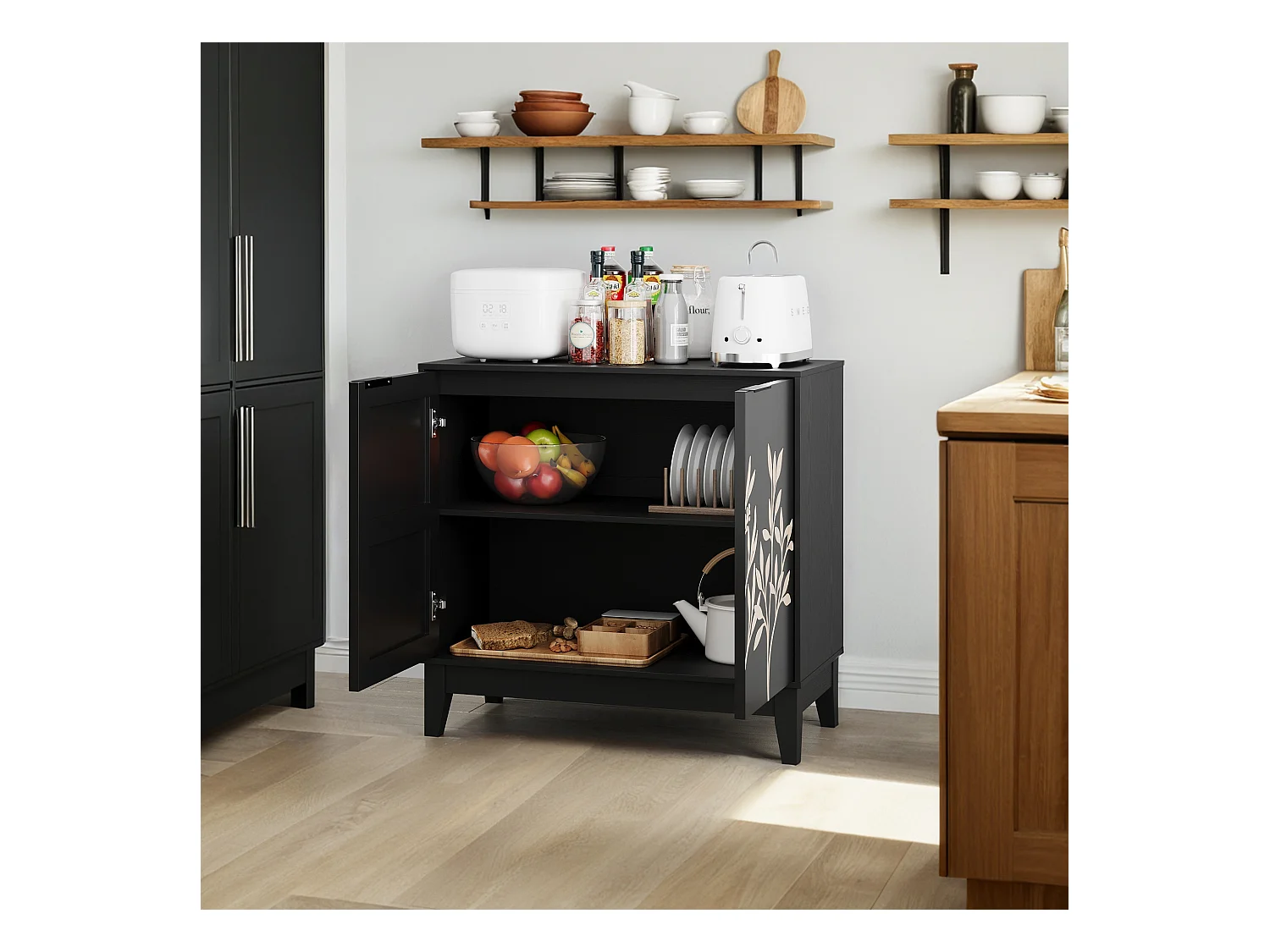 Buffet vintage avec sculpture florale, MDF, noir (80x38x76 cm)