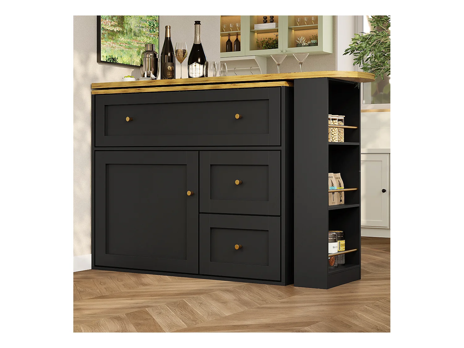 Table de bar extensible avec rangement, table haute, avec étagère à snacks, design moderne, MDF, métal, noir (138-204x39x105 cm)