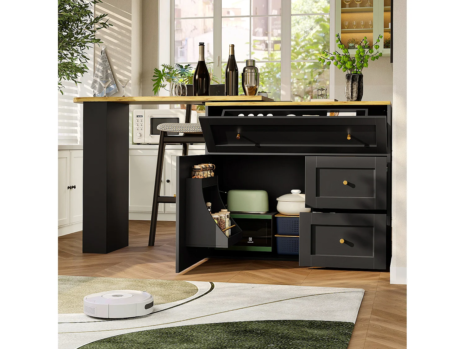 Table de bar extensible avec rangement, table haute, avec étagère à snacks, design moderne, MDF, métal, noir (138-204x39x105 cm)