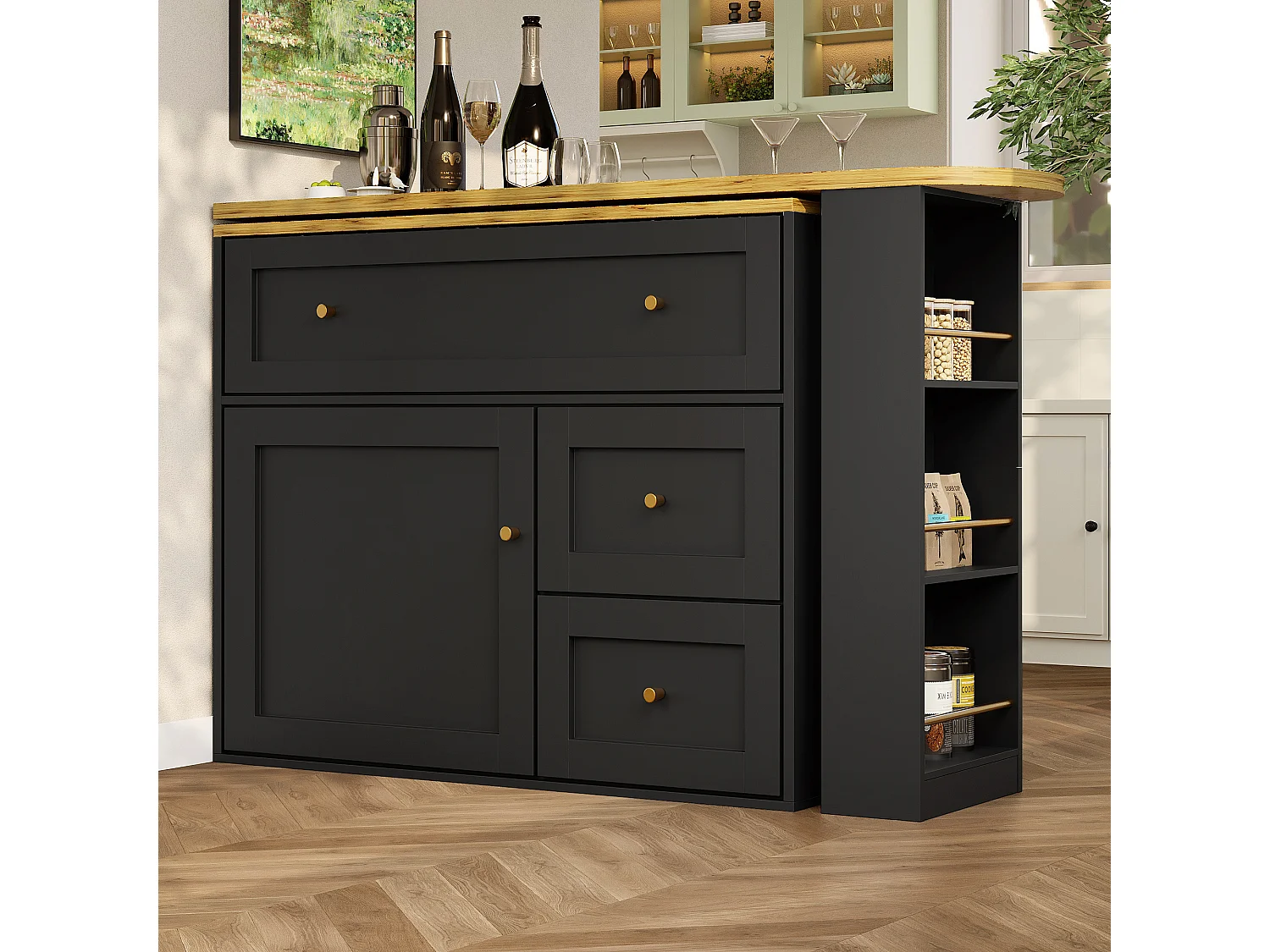 Table de bar extensible avec rangement, table haute, avec étagère à snacks, design moderne, MDF, métal, noir (138-204x39x105 cm)