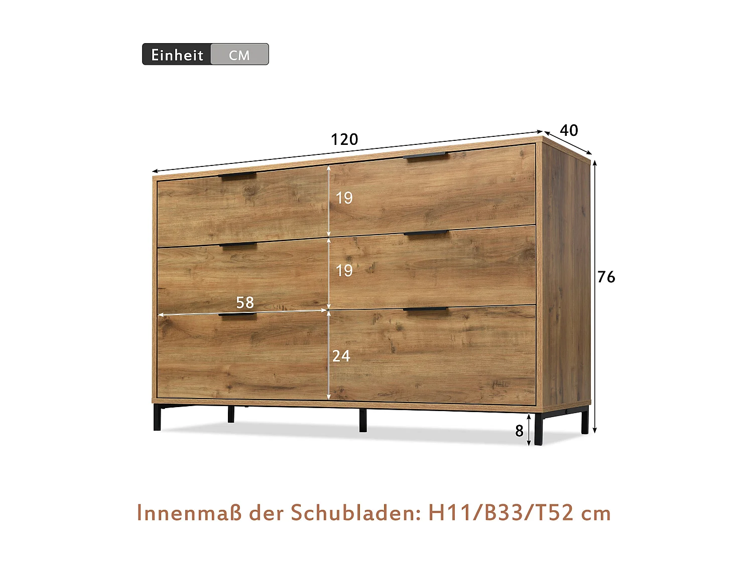 Ladekast met 6 laden, industrieel design, spaanplaat, donker eiken (120x40x76 cm)