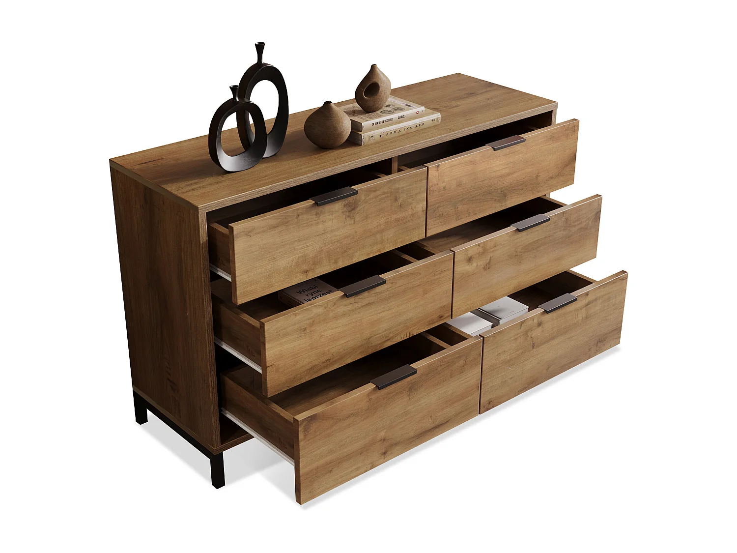 Ladekast met 6 laden, industrieel design, spaanplaat, donker eiken (120x40x76 cm)