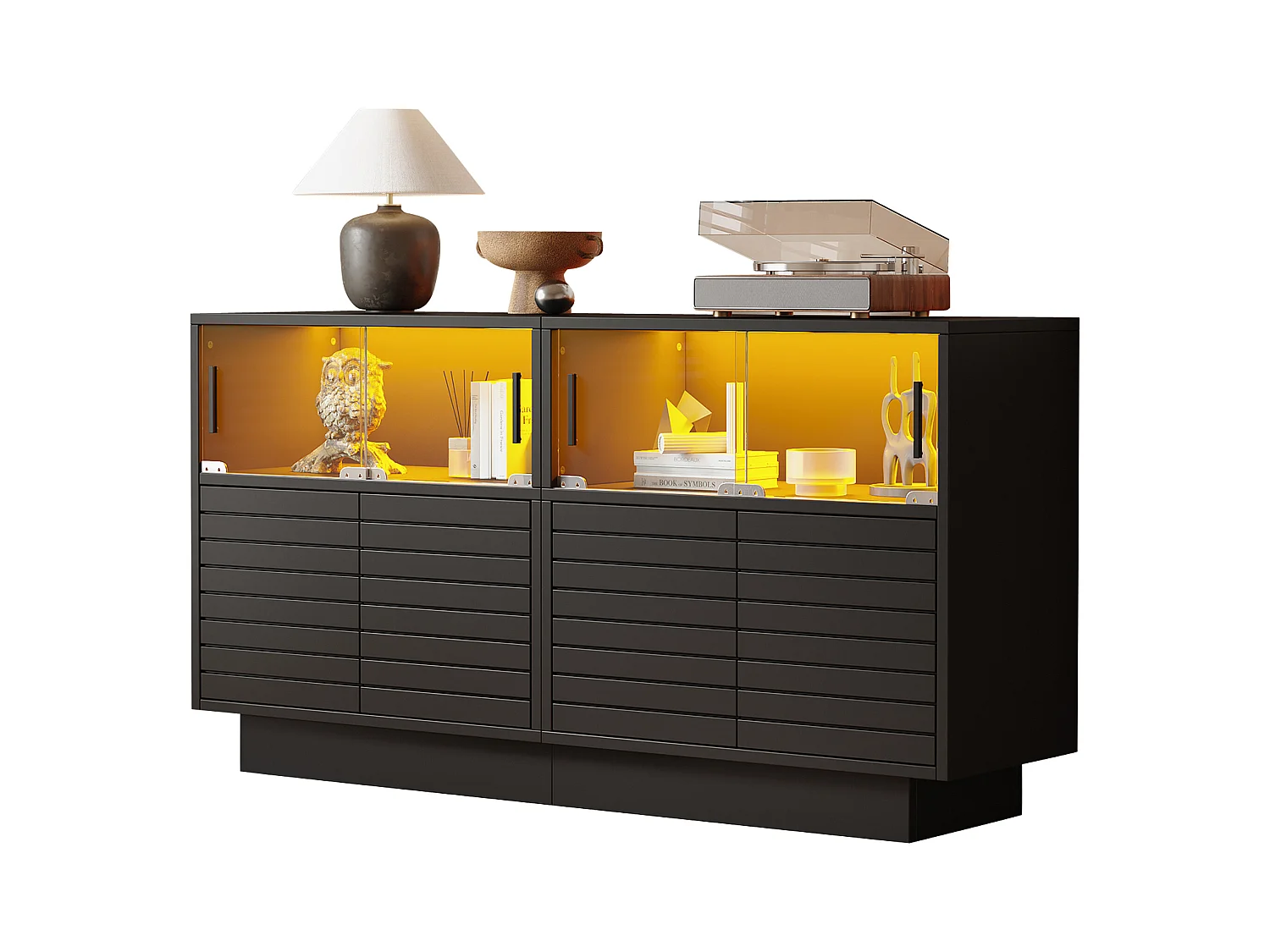Buffet avec 3 portes, 4 compartiments, LED, vitrine noire avec portes en verre, (130x35x68 cm)