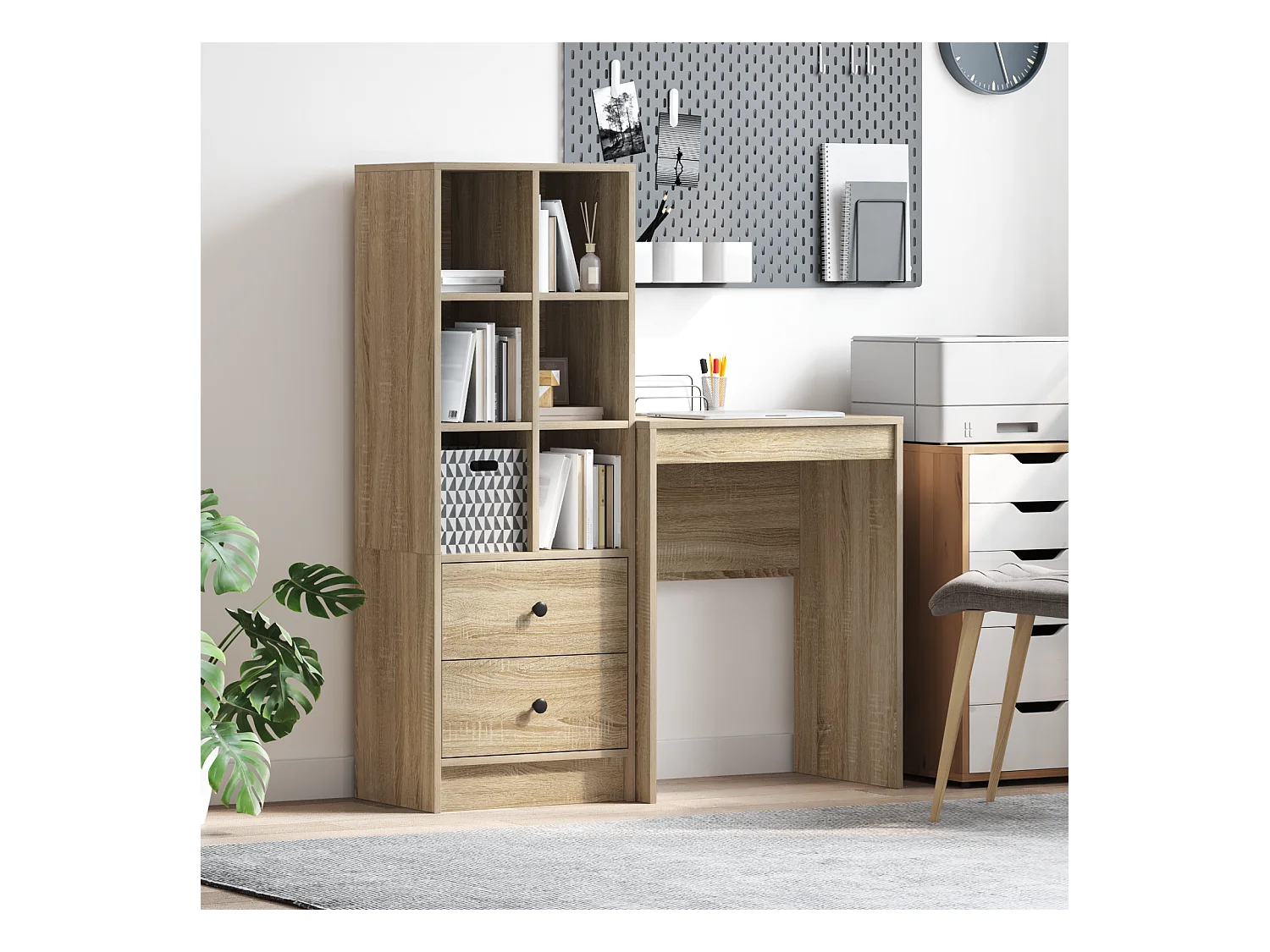 Scrivania in legno ingegnerizzato di rovere Sonoma con contenitore