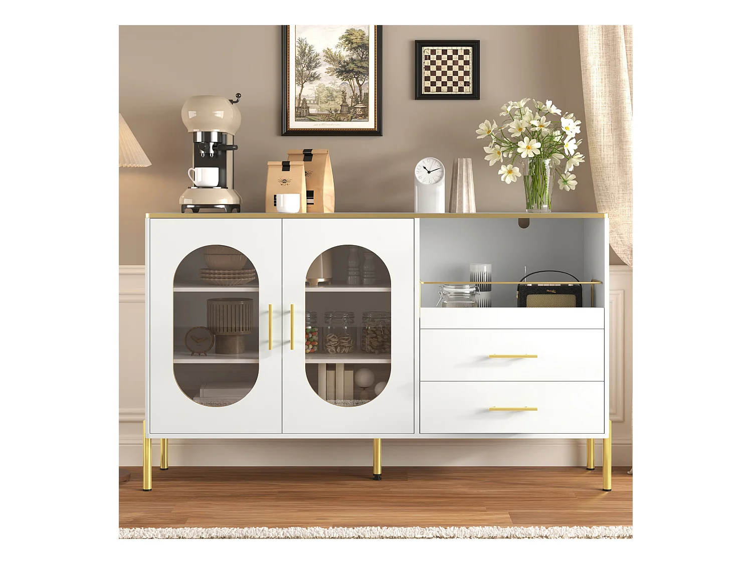 Buffet élégant blanc avec 2 tiroirs et 2 portes vitrées, design moderne, MDF, (140x38x90 cm)