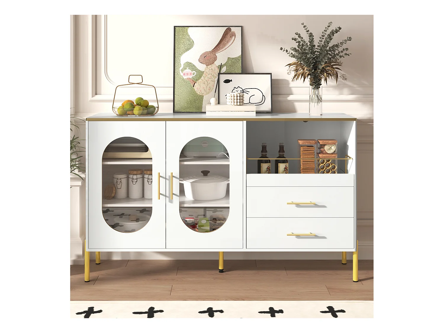 Buffet élégant blanc avec 2 tiroirs et 2 portes vitrées, design moderne, MDF, (140x38x90 cm)