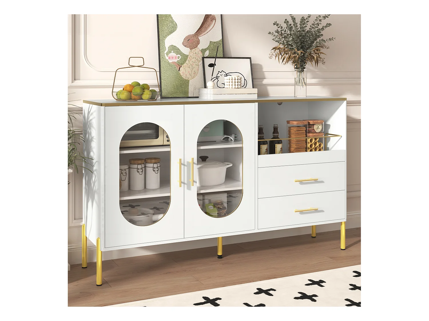 Buffet élégant blanc avec 2 tiroirs et 2 portes vitrées, design moderne, MDF, (140x38x90 cm)