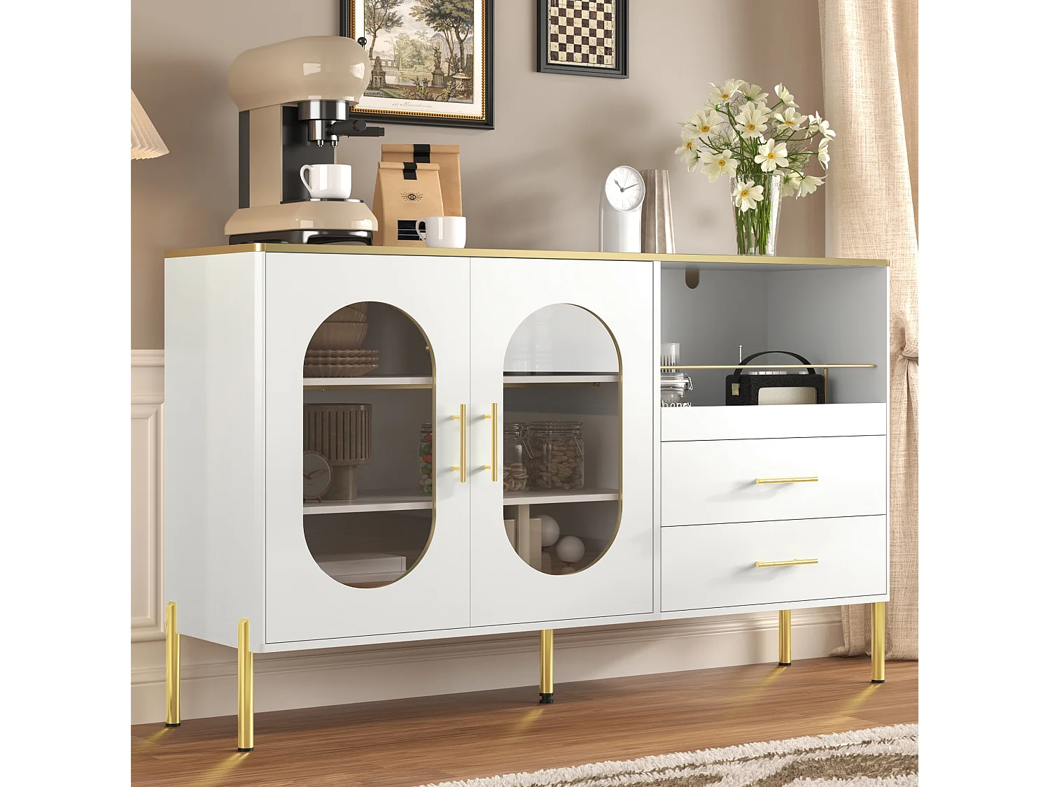 Buffet élégant blanc avec 2 tiroirs et 2 portes vitrées, design moderne, MDF, (140x38x90 cm)