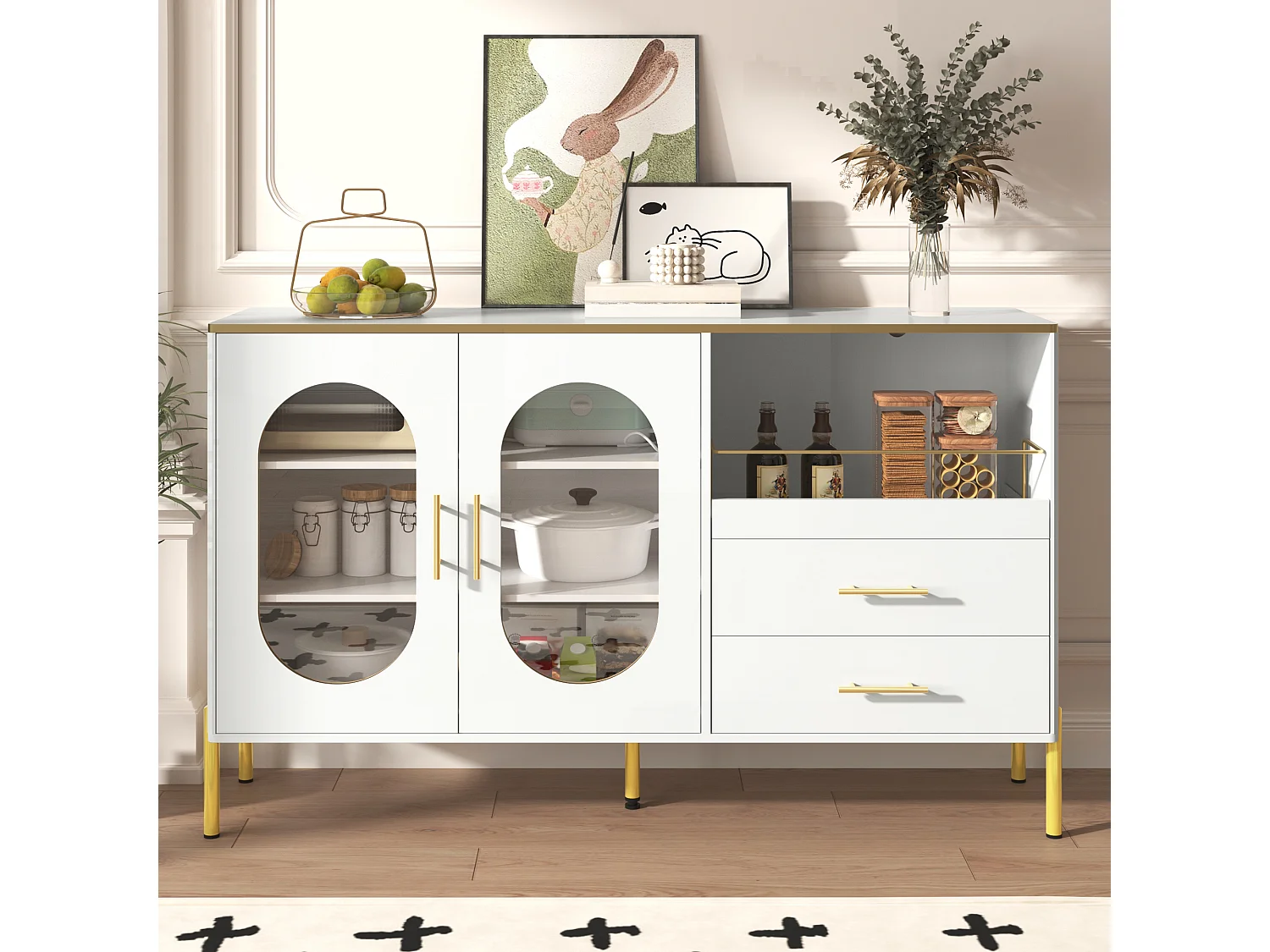 Buffet élégant blanc avec 2 tiroirs et 2 portes vitrées, design moderne, MDF, (140x38x90 cm)