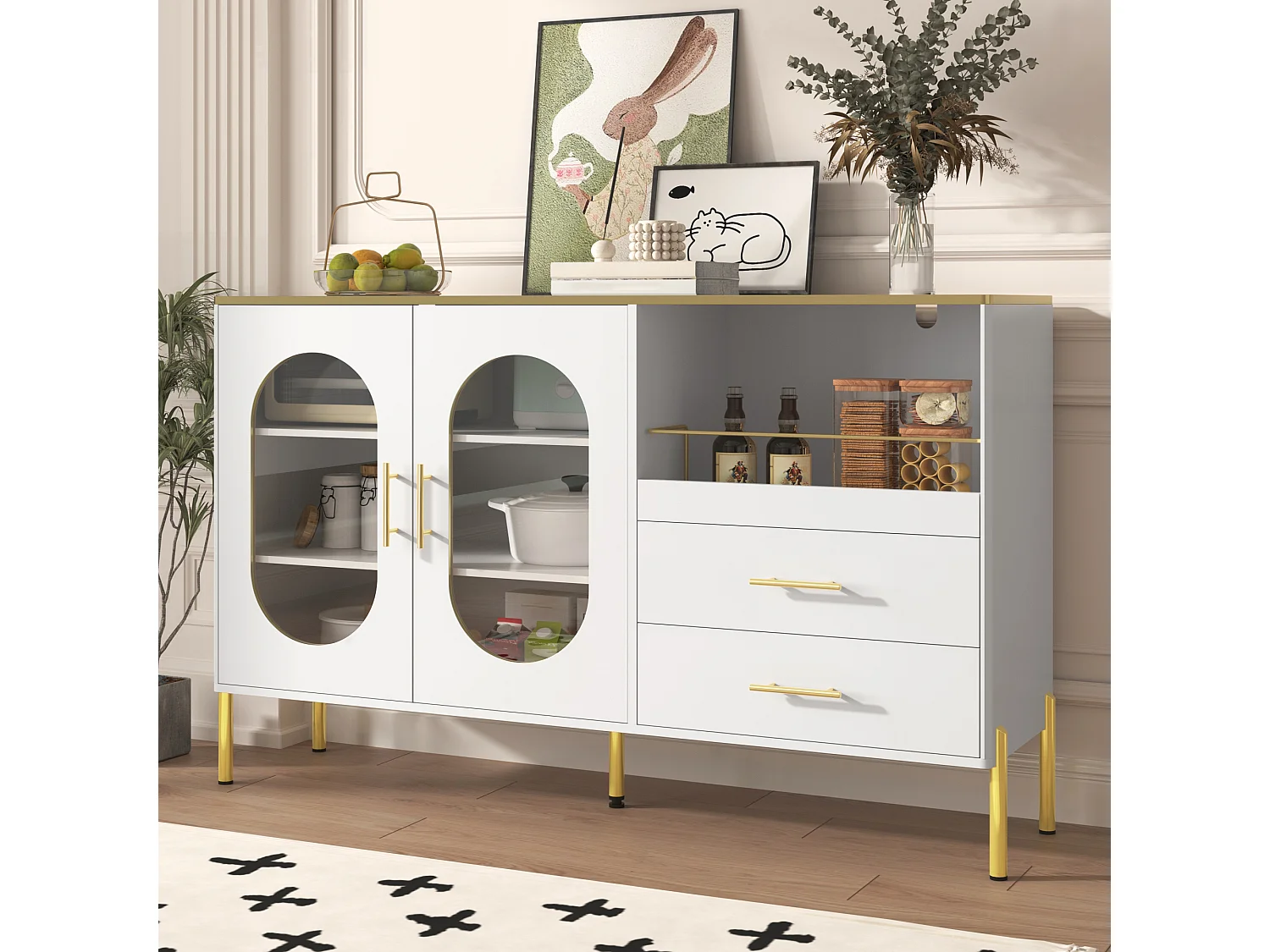 Buffet élégant blanc avec 2 tiroirs et 2 portes vitrées, design moderne, MDF, (140x38x90 cm)