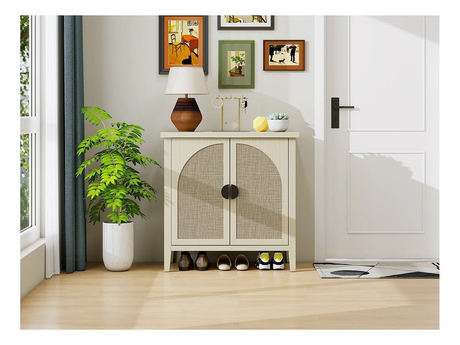 Meuble de rangement avec 2 portes en rattan naturel, design courbé, MDF, blanc et bois naturel (80x40x80 cm)