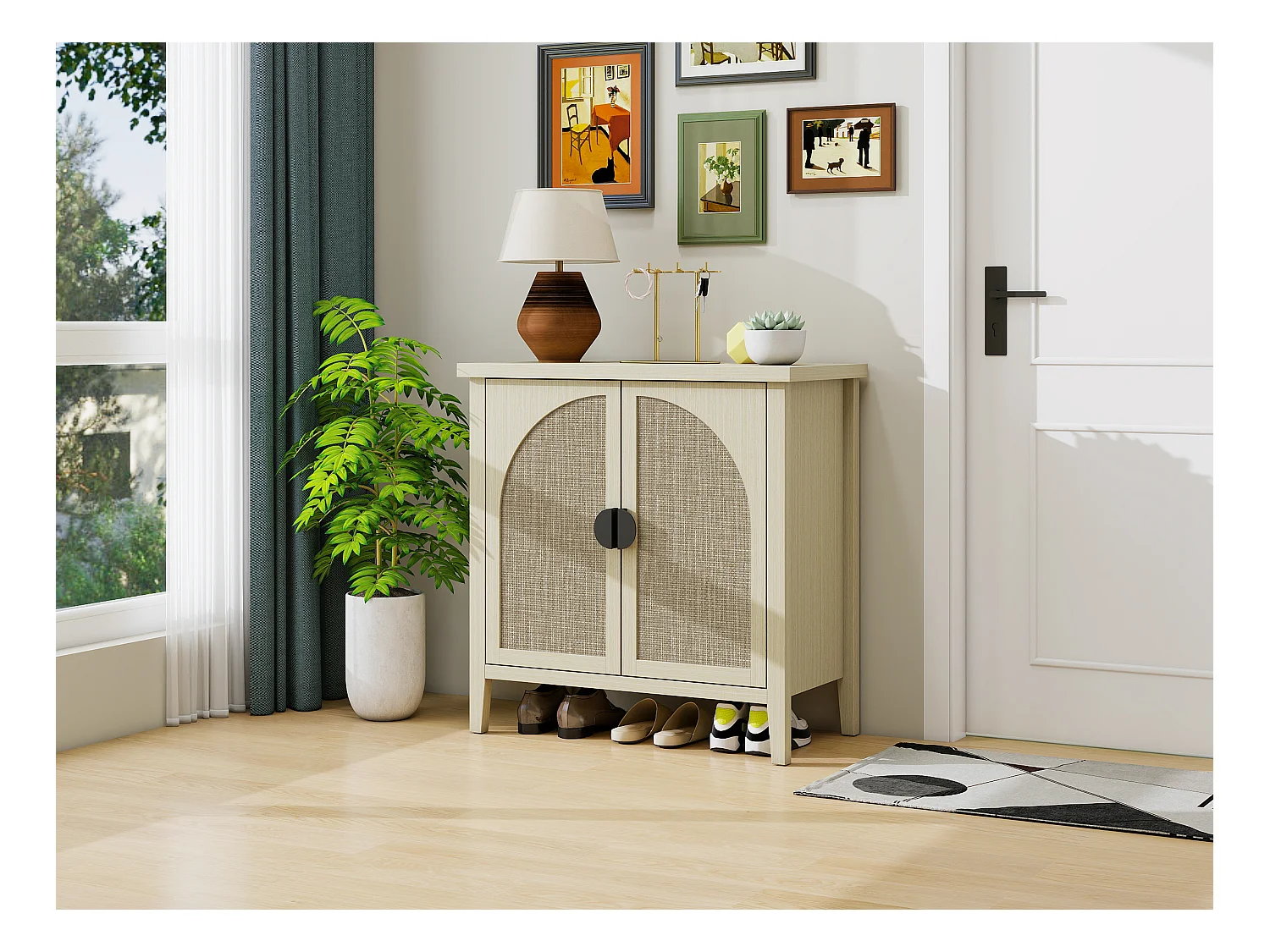 Meuble de rangement avec 2 portes en rattan naturel, design courbé, MDF, blanc et bois naturel (80x40x80 cm)