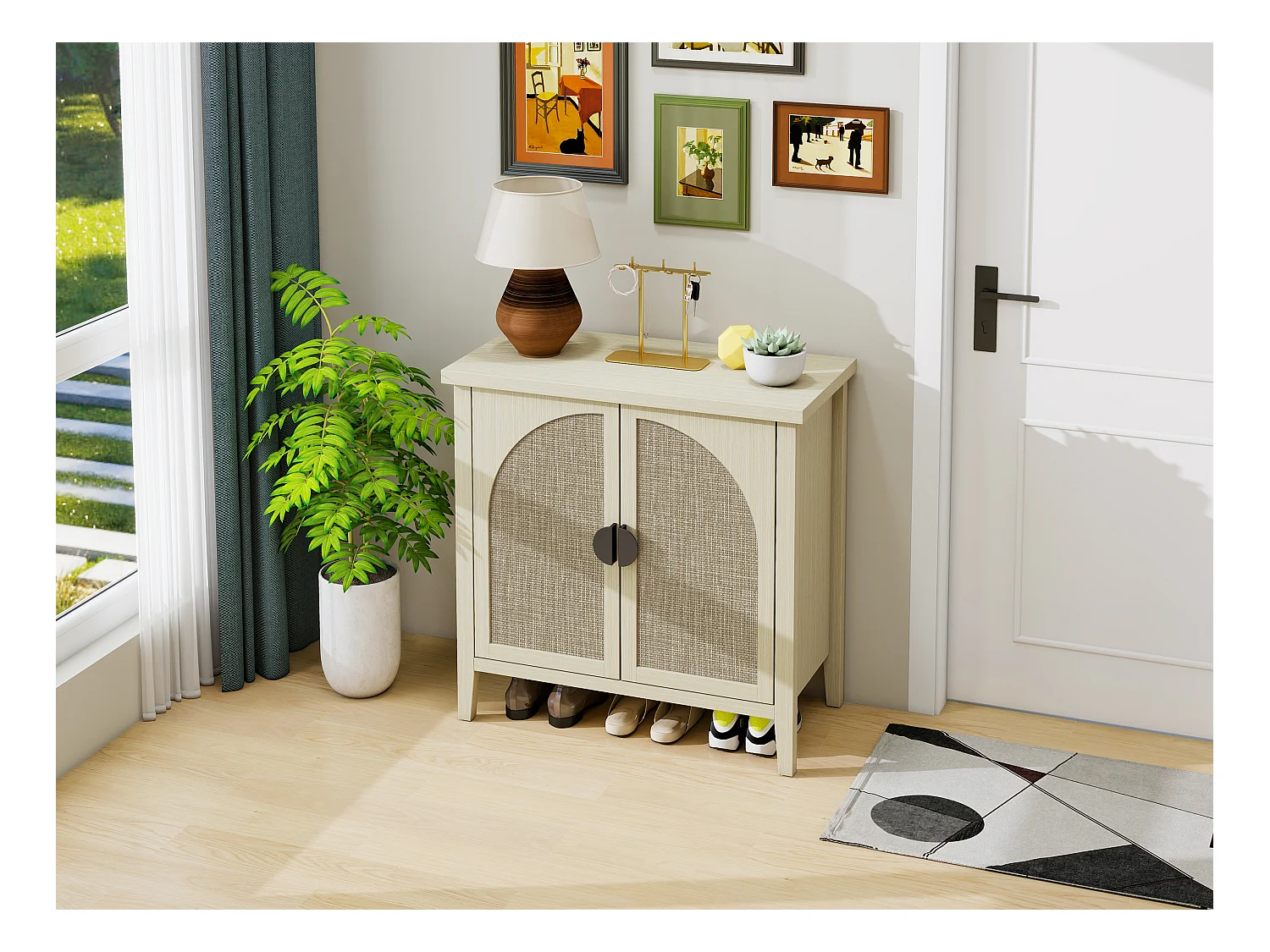 Meuble de rangement avec 2 portes en rattan naturel, design courbé, MDF, blanc et bois naturel (80x40x80 cm)