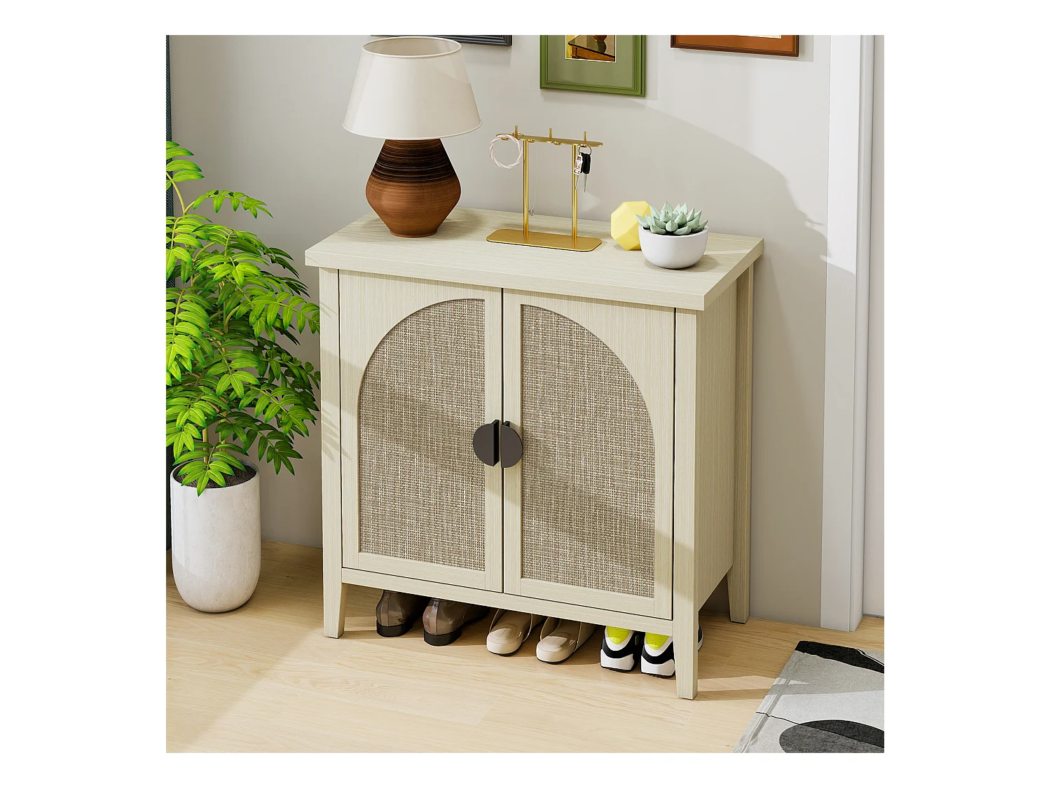 Meuble de rangement avec 2 portes en rattan naturel, design courbé, MDF, blanc et bois naturel (80x40x80 cm)