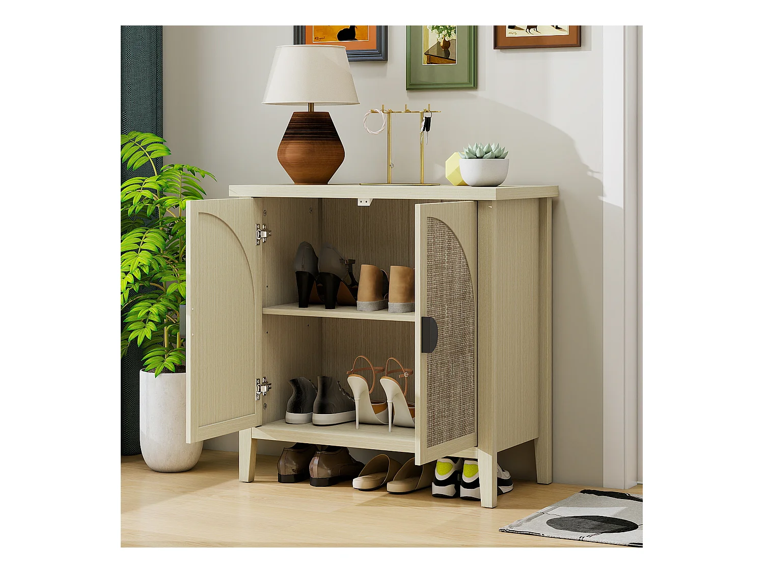 Meuble de rangement avec 2 portes en rattan naturel, design courbé, MDF, blanc et bois naturel (80x40x80 cm)