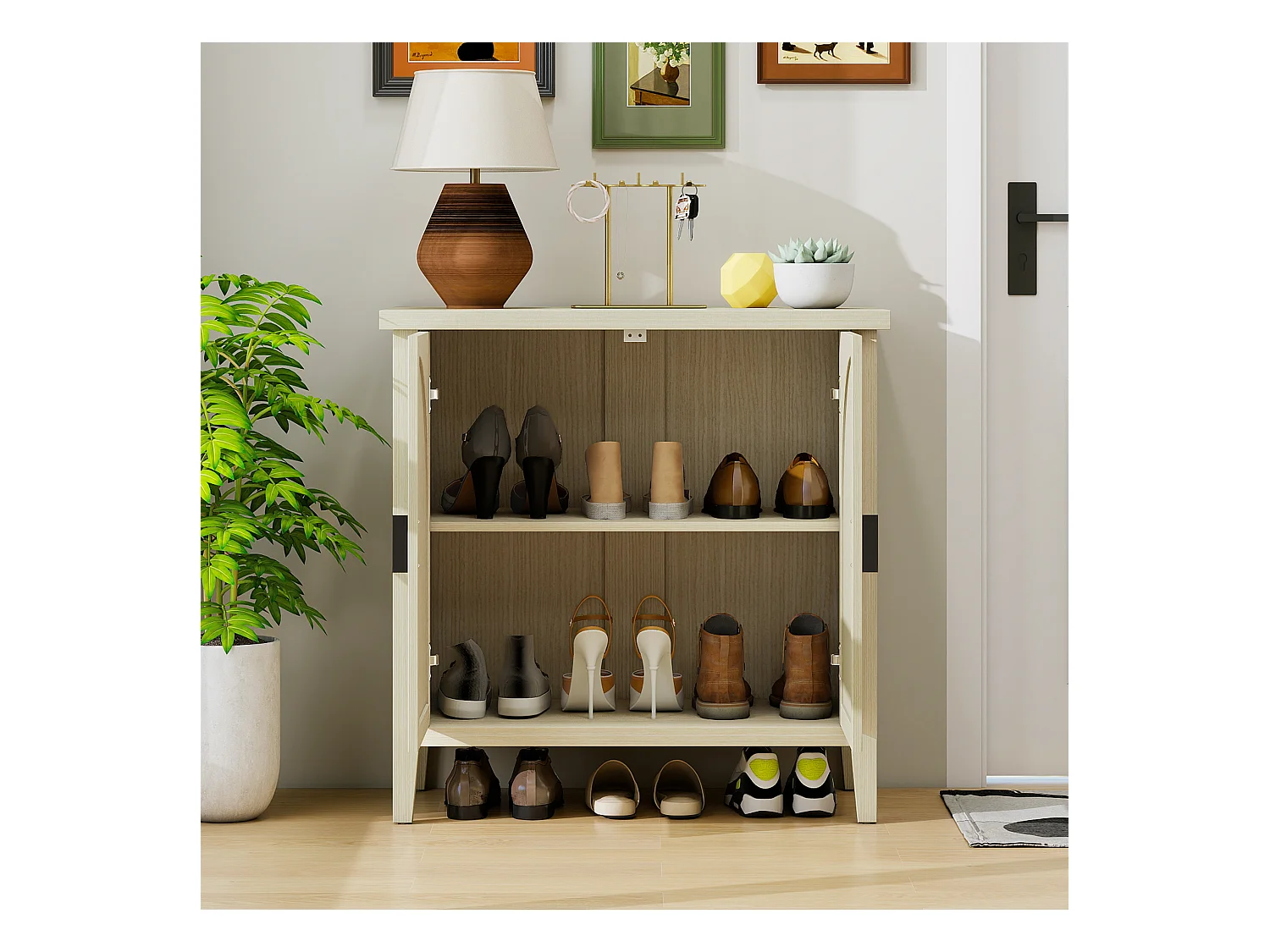 Meuble de rangement avec 2 portes en rattan naturel, design courbé, MDF, blanc et bois naturel (80x40x80 cm)