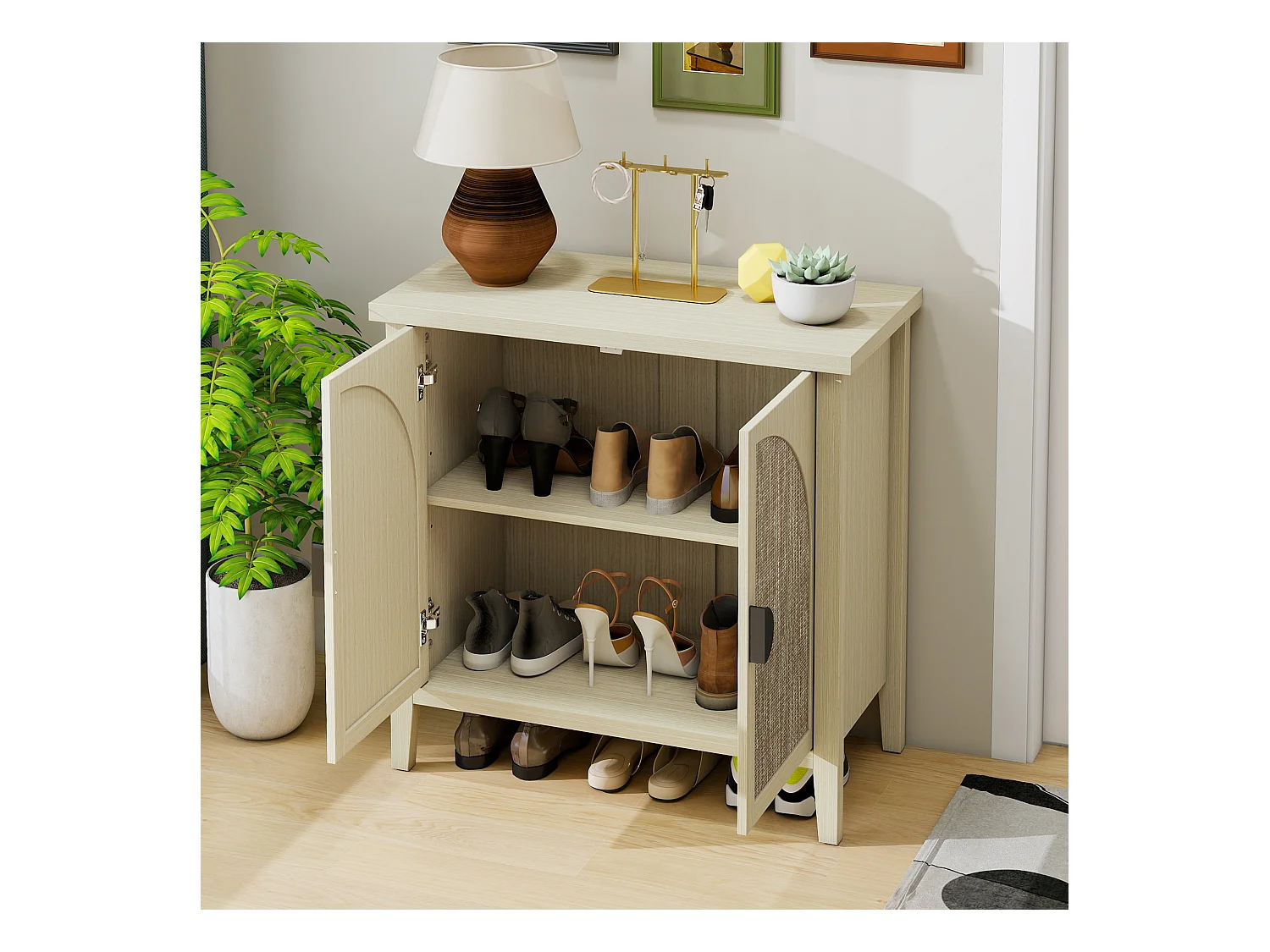 Meuble de rangement avec 2 portes en rattan naturel, design courbé, MDF, blanc et bois naturel (80x40x80 cm)
