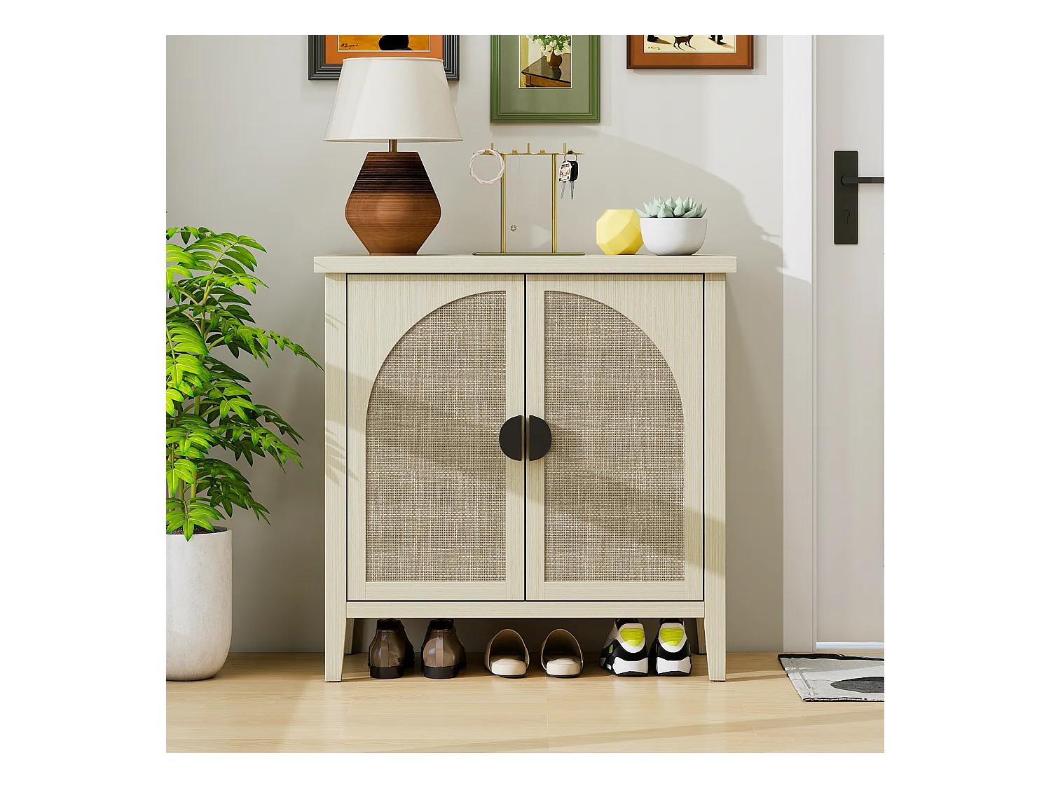 Meuble de rangement avec 2 portes en rattan naturel, design courbé, MDF, blanc et bois naturel (80x40x80 cm)