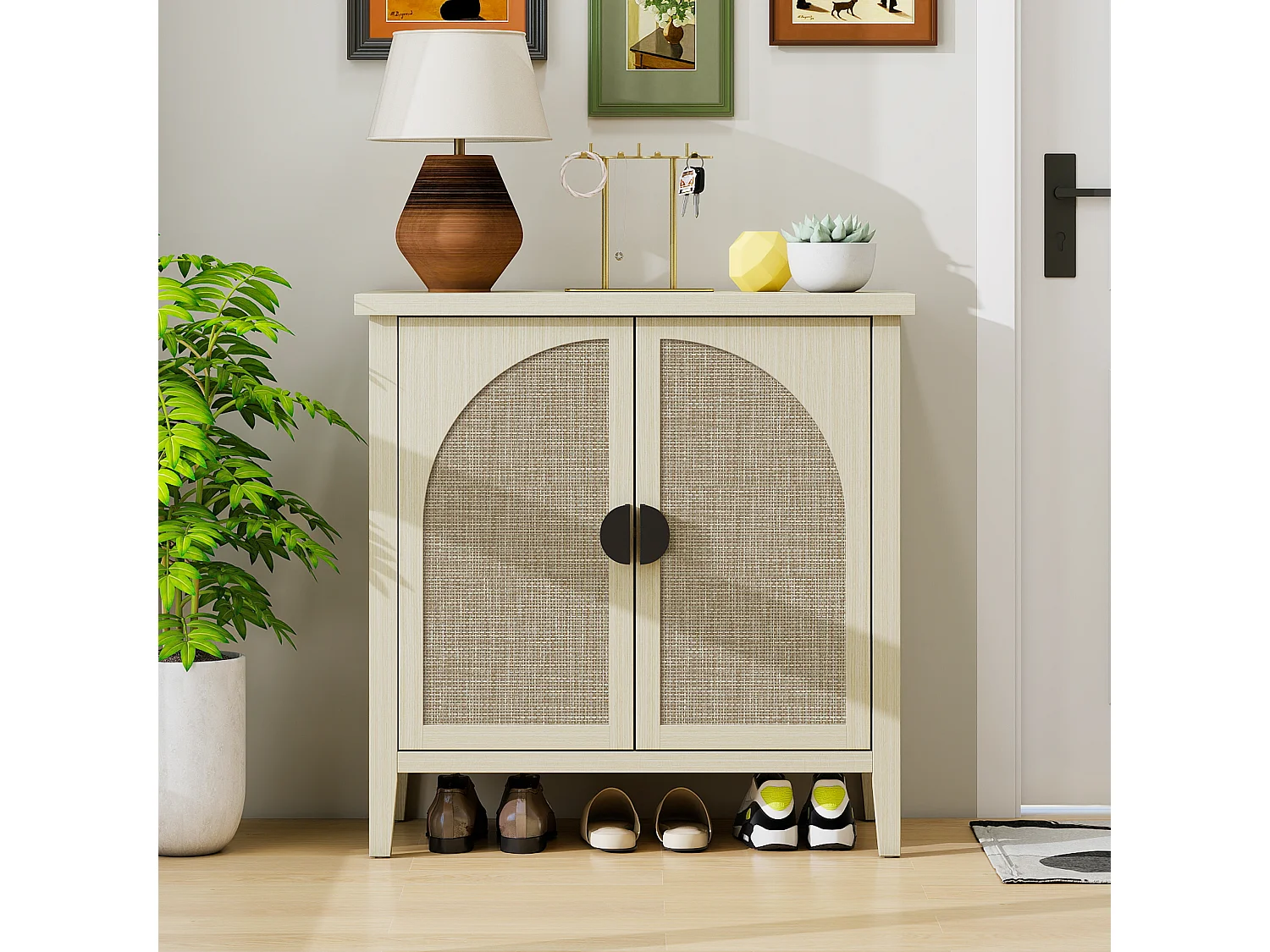 Opbergmeubel met 2 deuren in natuurlijk rotan, gebogen design, MDF, wit en natuurlijk hout (80x40x80 cm)