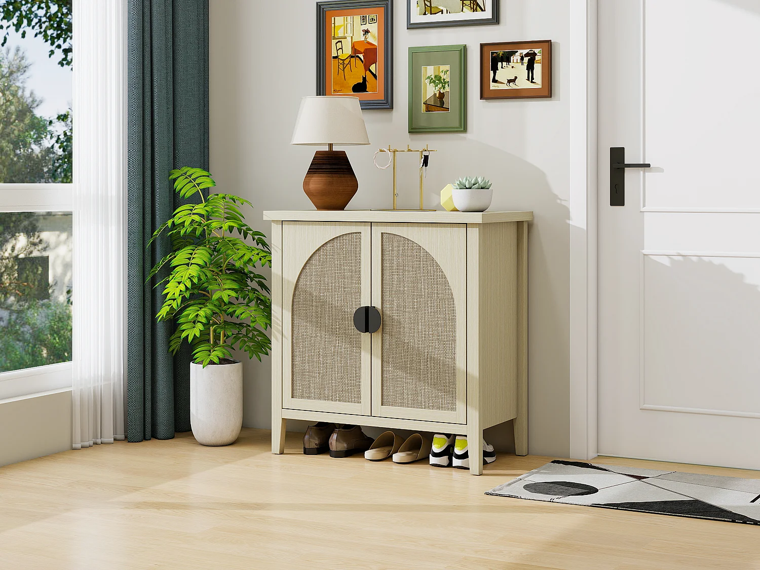 Opbergmeubel met 2 deuren in natuurlijk rotan, gebogen design, MDF, wit en natuurlijk hout (80x40x80 cm)