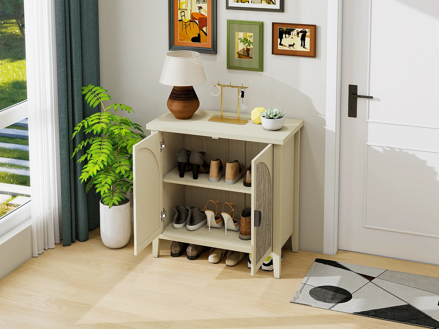 Opbergmeubel met 2 deuren in natuurlijk rotan, gebogen design, MDF, wit en natuurlijk hout (80x40x80 cm)