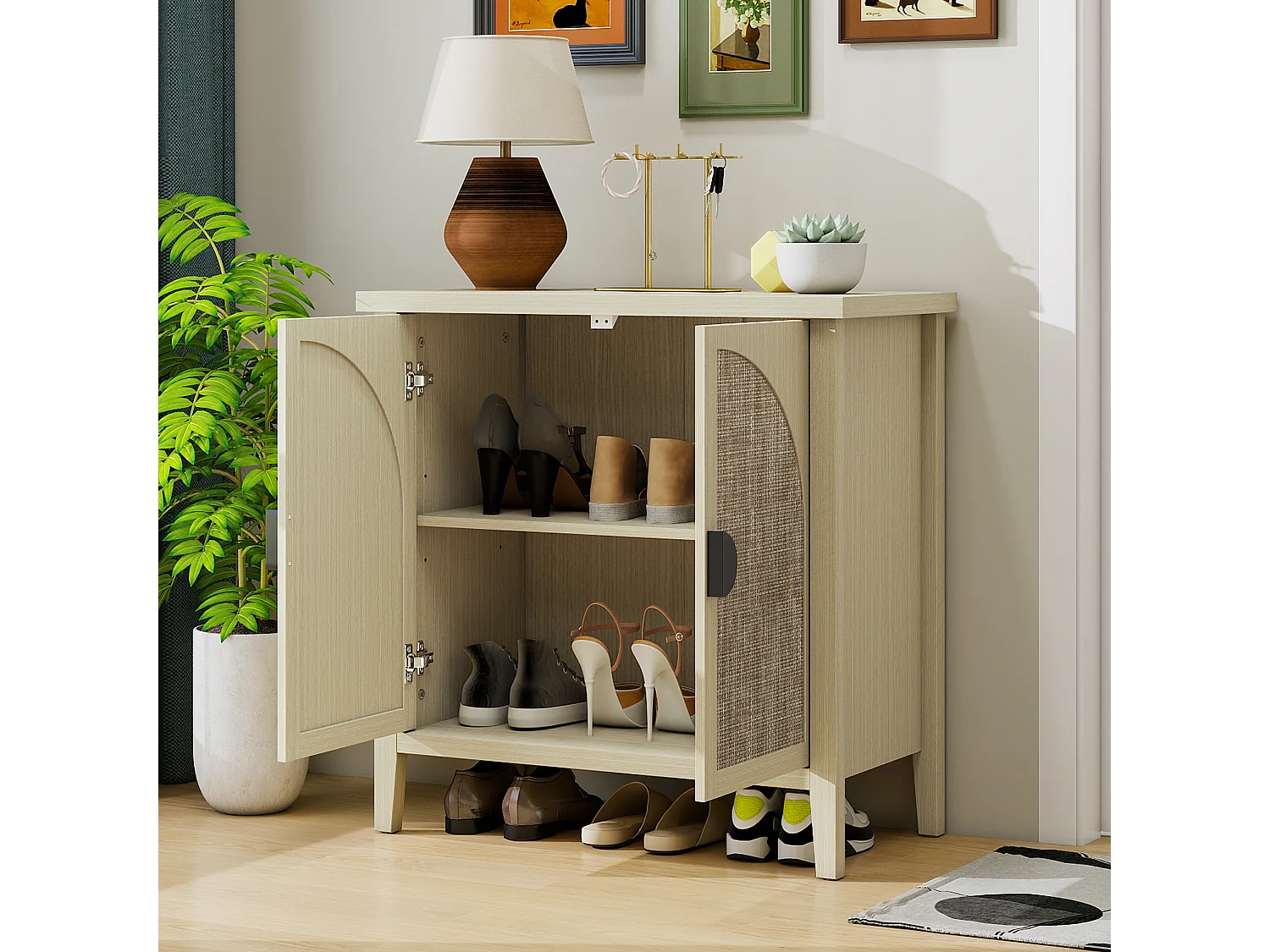 Opbergmeubel met 2 deuren in natuurlijk rotan, gebogen design, MDF, wit en natuurlijk hout (80x40x80 cm)