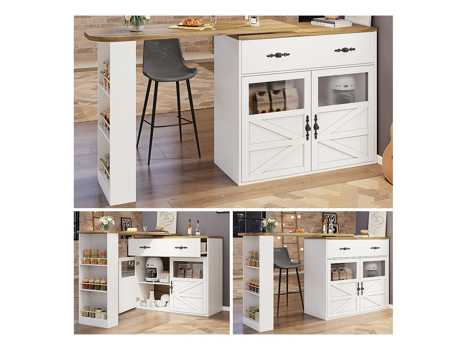 Bartisch Ausziehbar, 360° Drehbar, Stauraum, MDF, Weiß (138-204x39x104 cm)