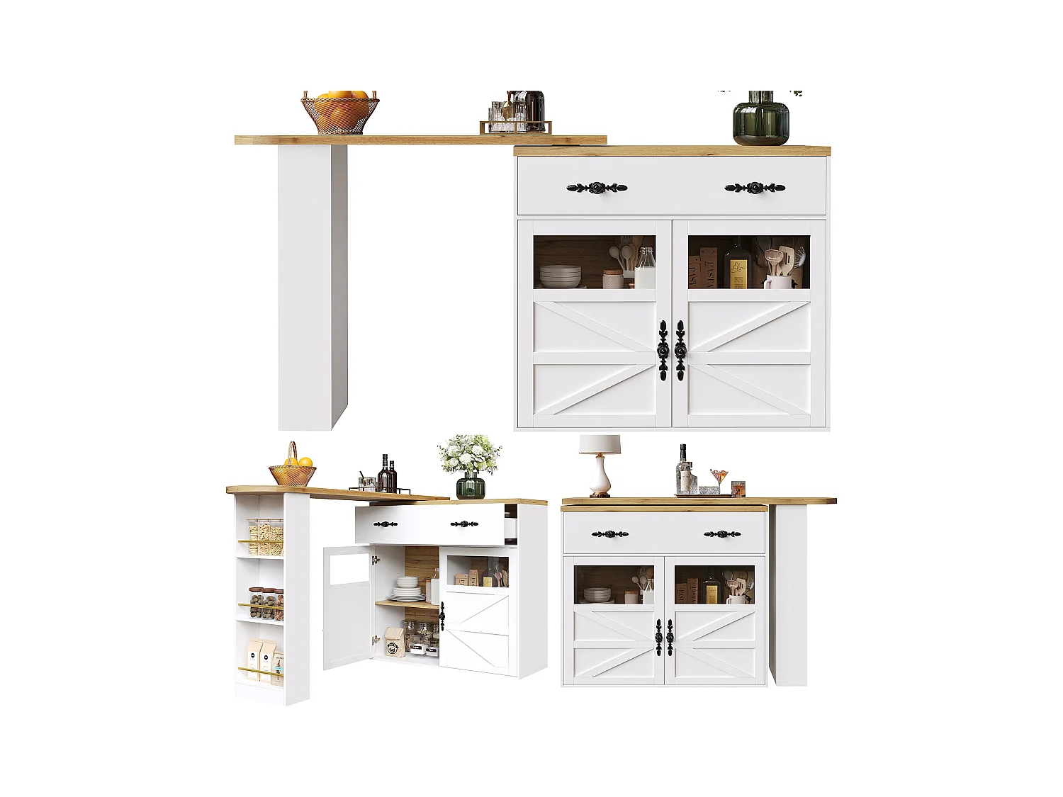 Bartisch Ausziehbar, 360° Drehbar, Stauraum, MDF, Weiß (138-204x39x104 cm)