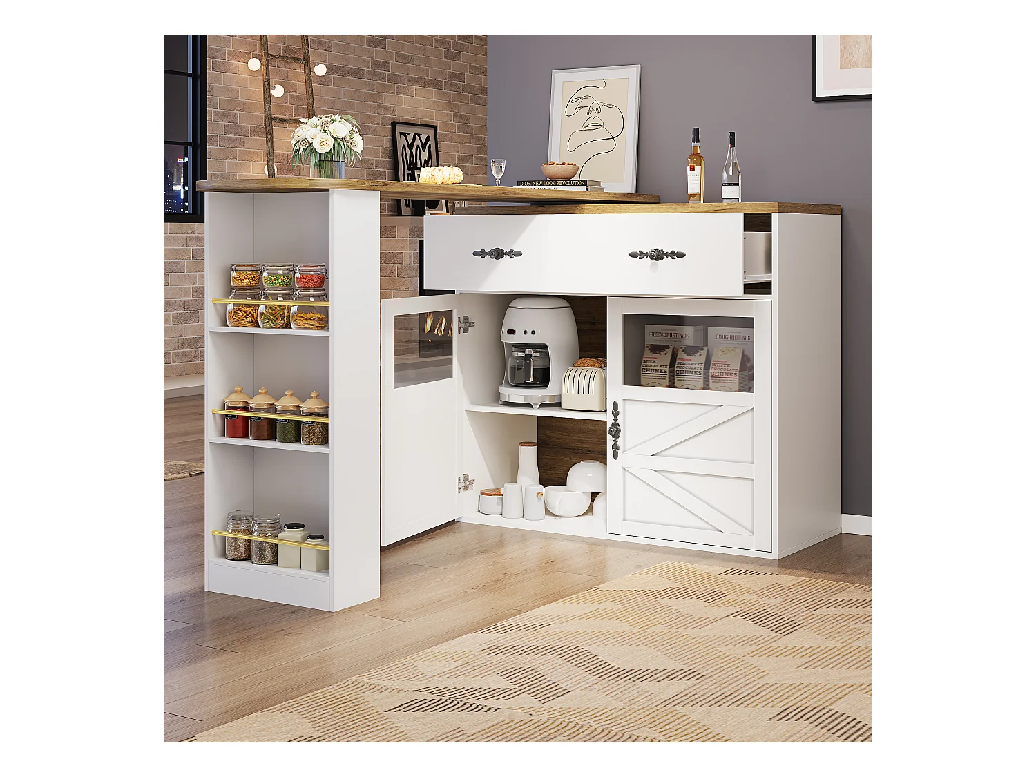 Bartisch Ausziehbar, 360° Drehbar, Stauraum, MDF, Weiß (138-204x39x104 cm)