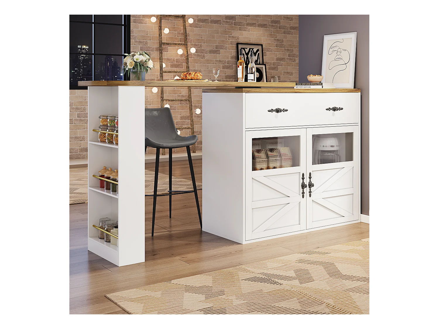 Bartisch Ausziehbar, 360° Drehbar, Stauraum, MDF, Weiß (138-204x39x104 cm)