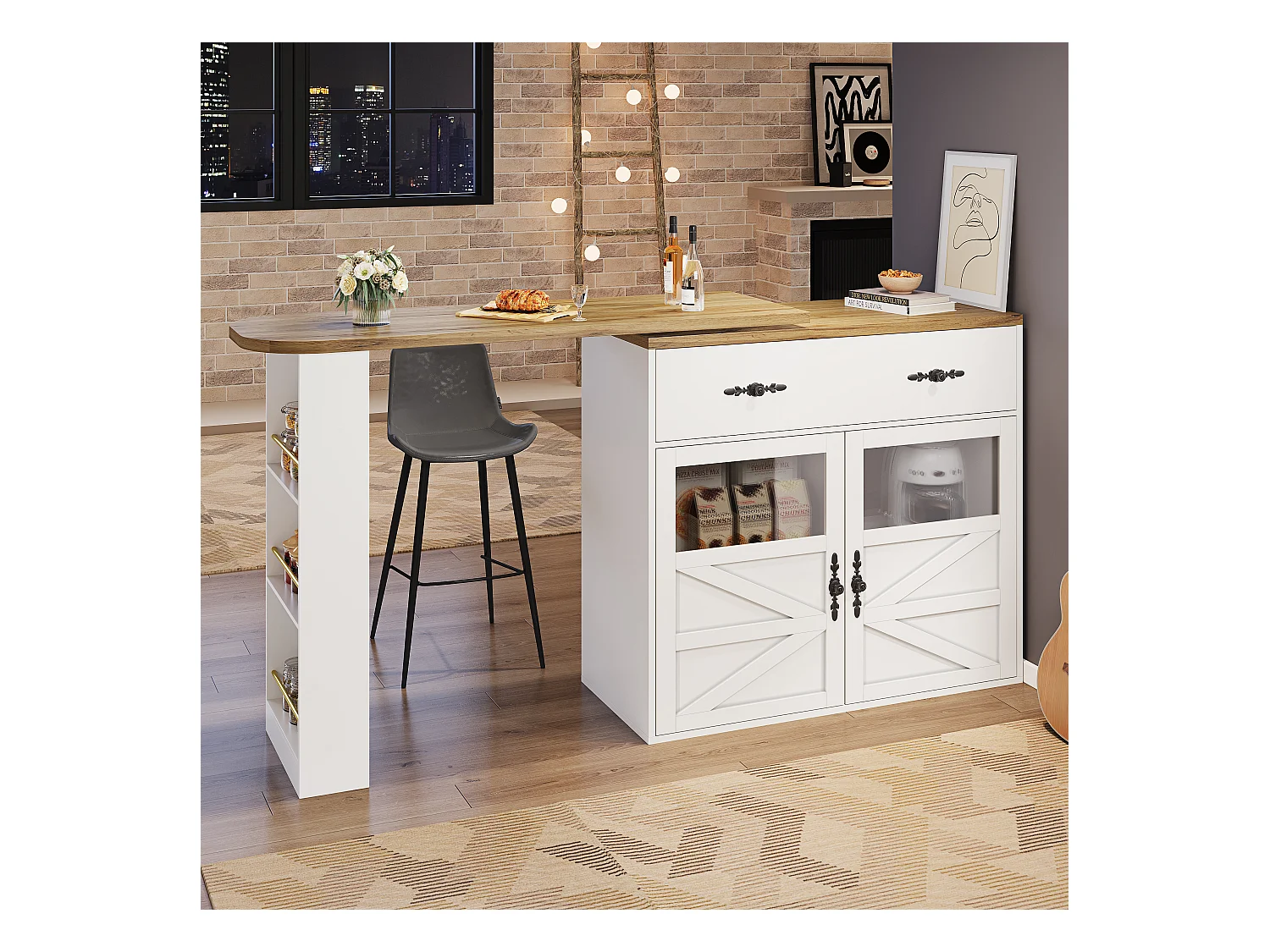 Bartisch Ausziehbar, 360° Drehbar, Stauraum, MDF, Weiß (138-204x39x104 cm)