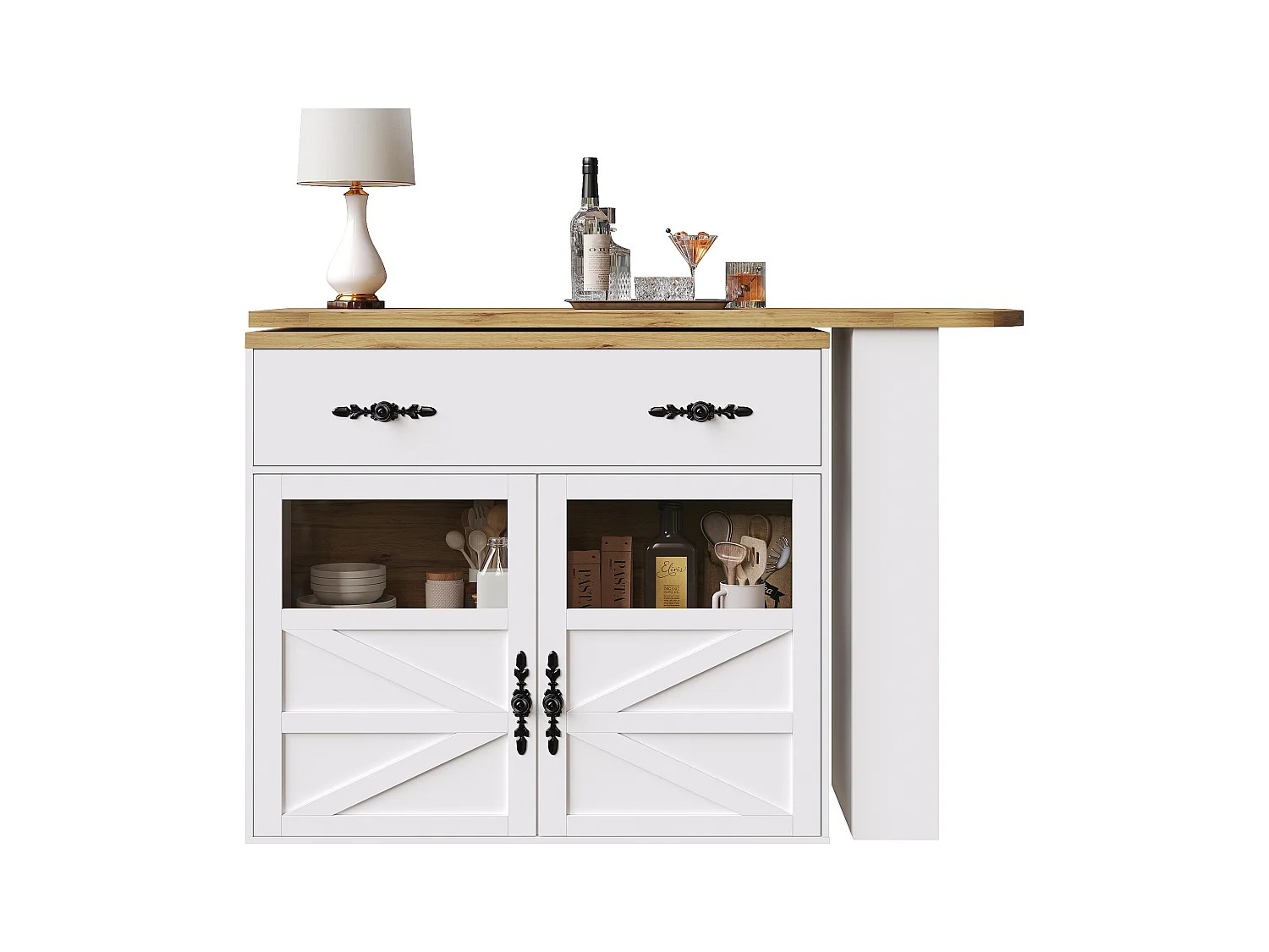 Bartisch Ausziehbar, 360° Drehbar, Stauraum, MDF, Weiß (138-204x39x104 cm)