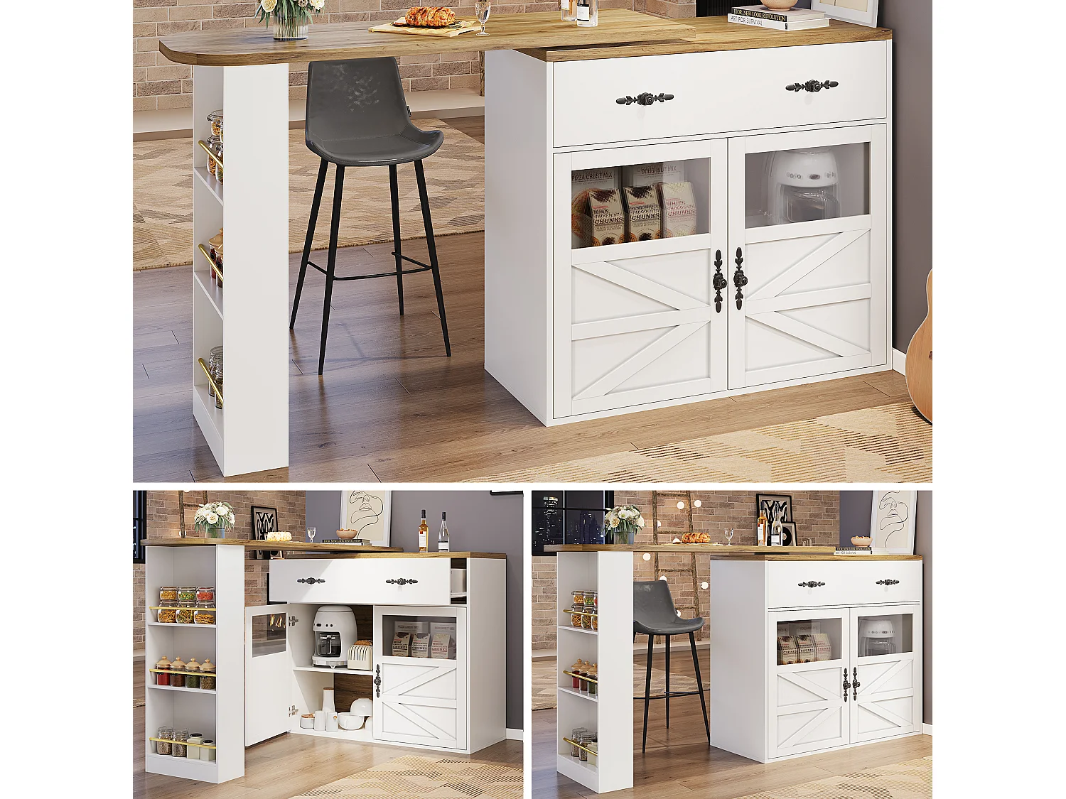 Bartisch Ausziehbar, 360° Drehbar, Stauraum, MDF, Weiß (138-204x39x104 cm)