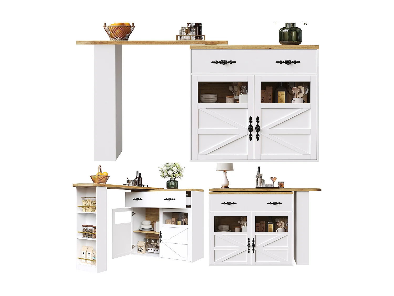 Bartisch Ausziehbar, 360° Drehbar, Stauraum, MDF, Weiß (138-204x39x104 cm)