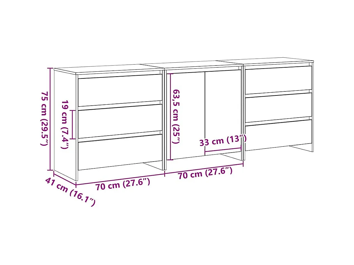 Buffets 3 pièces en bois d'ingénierie chêne noir de