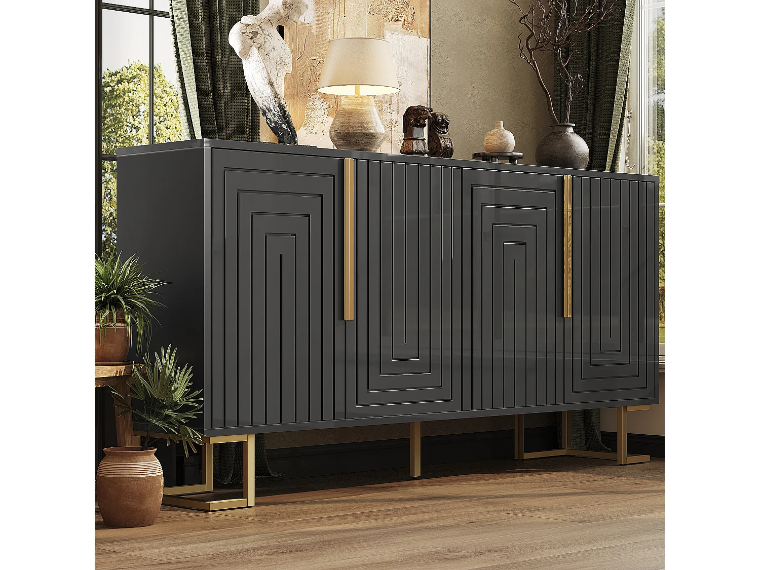 Mueble TV geométrico, diseño moderno, MDF, negro y dorado, con 2 puertas y 4 compartimentos (152x40x75 cm)