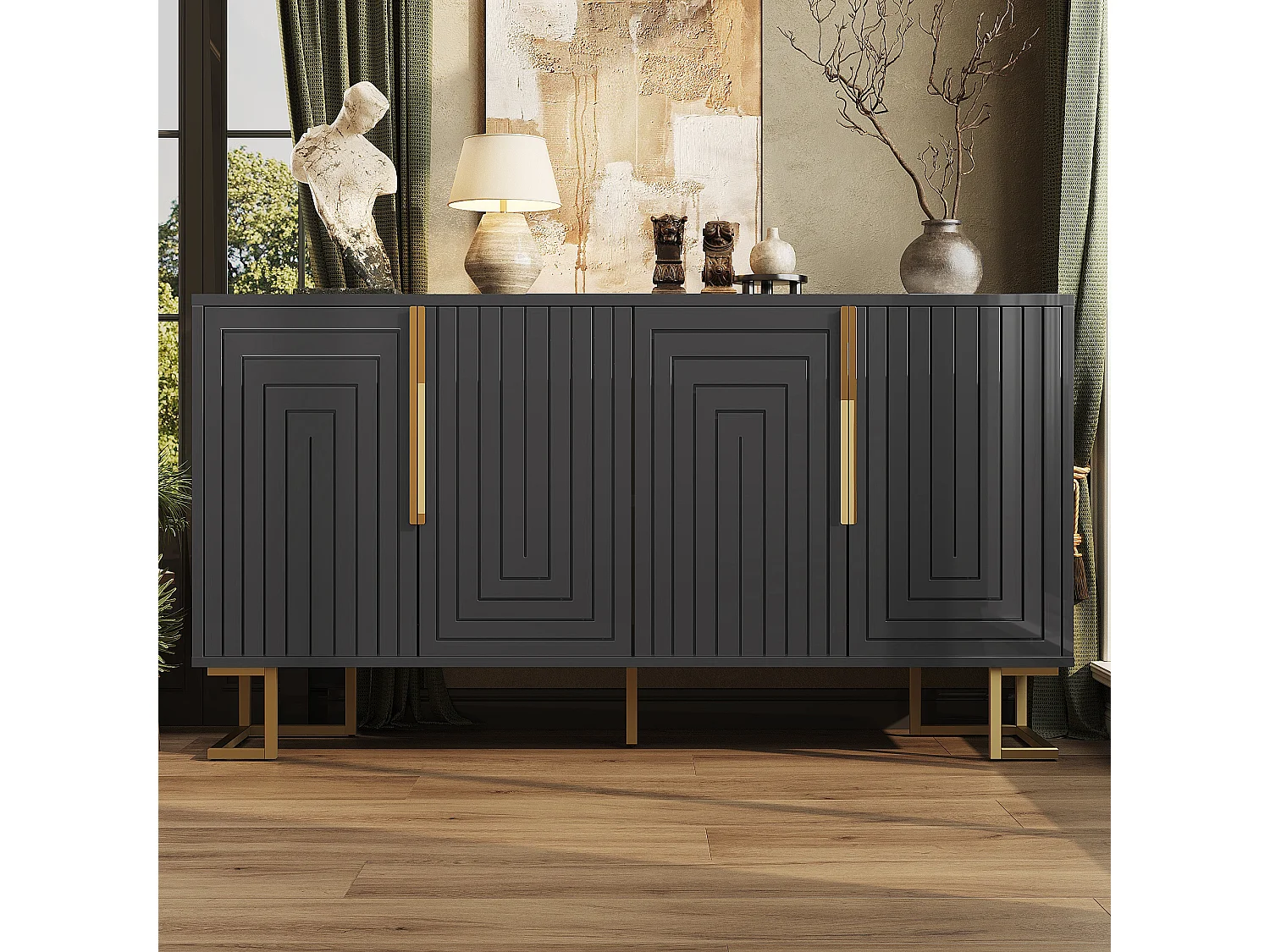 Mueble TV geométrico, diseño moderno, MDF, negro y dorado, con 2 puertas y 4 compartimentos (152x40x75 cm)