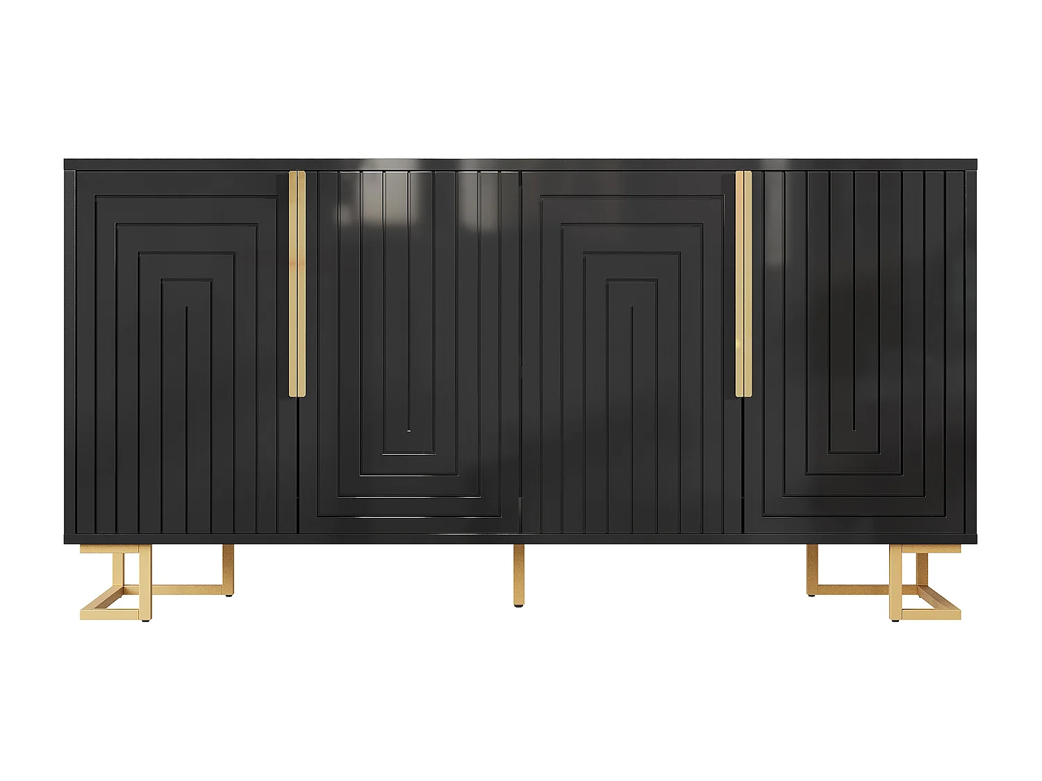 Mueble TV geométrico, diseño moderno, MDF, negro y dorado, con 2 puertas y 4 compartimentos (152x40x75 cm)