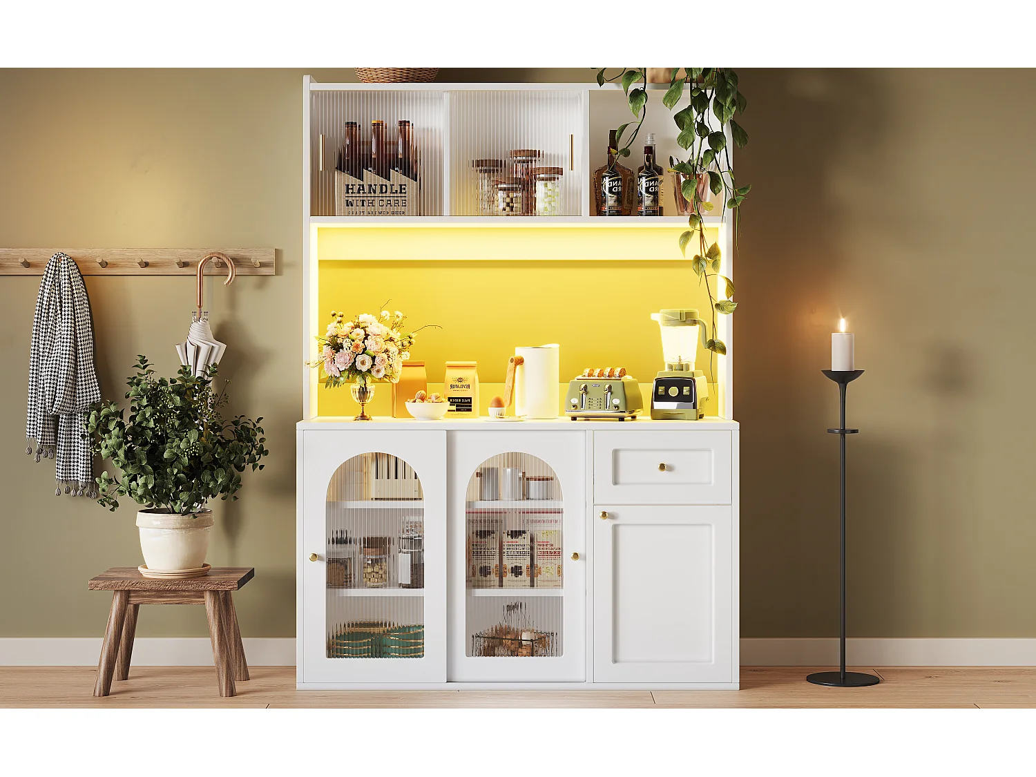 Buffetschrank avec LED, 3 tiroirs, étagères réglables, MDF, blanc (120x35x167 cm)