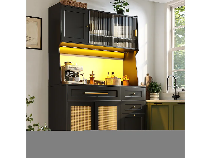 Dressoir met LED, 3 lades, verstelbare planken, PE-rotan, MDF, zwart (120x45x195,5 cm)