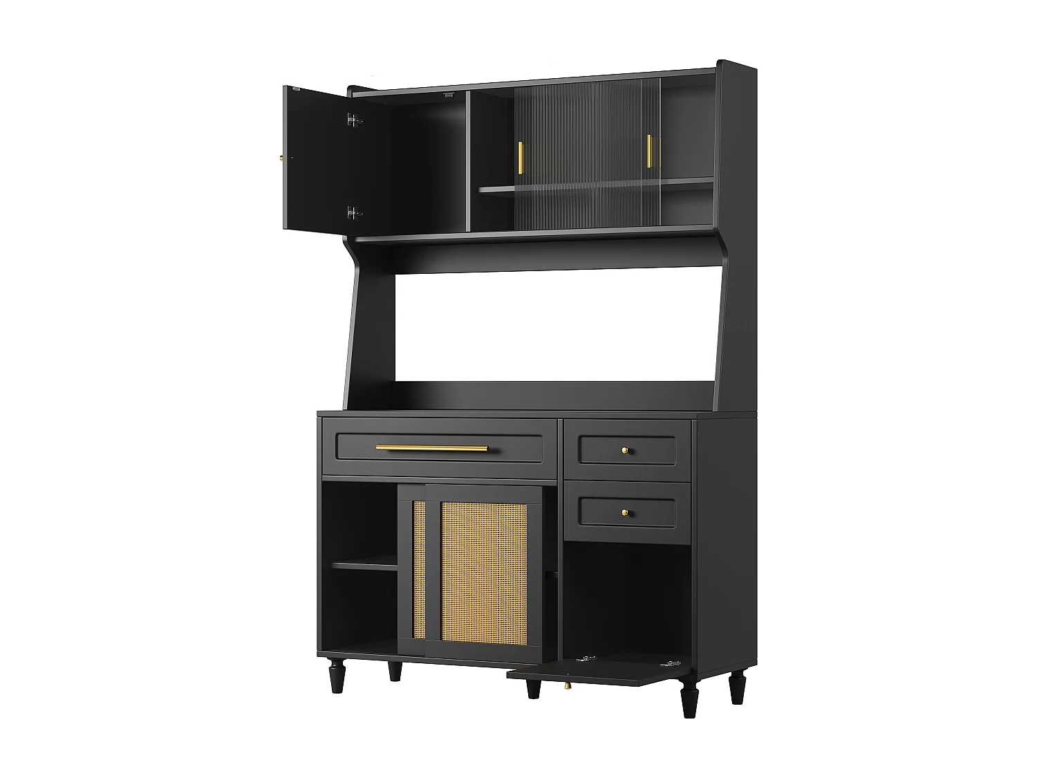 Dressoir met LED, 3 lades, verstelbare planken, PE-rotan, MDF, zwart (120x45x195,5 cm)