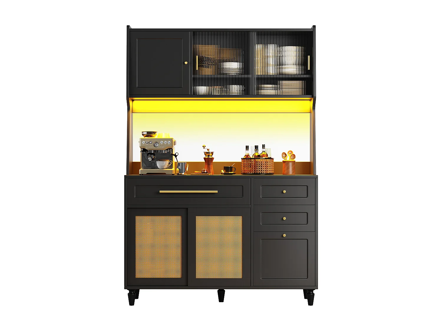 Dressoir met LED, 3 lades, verstelbare planken, PE-rotan, MDF, zwart (120x45x195,5 cm)