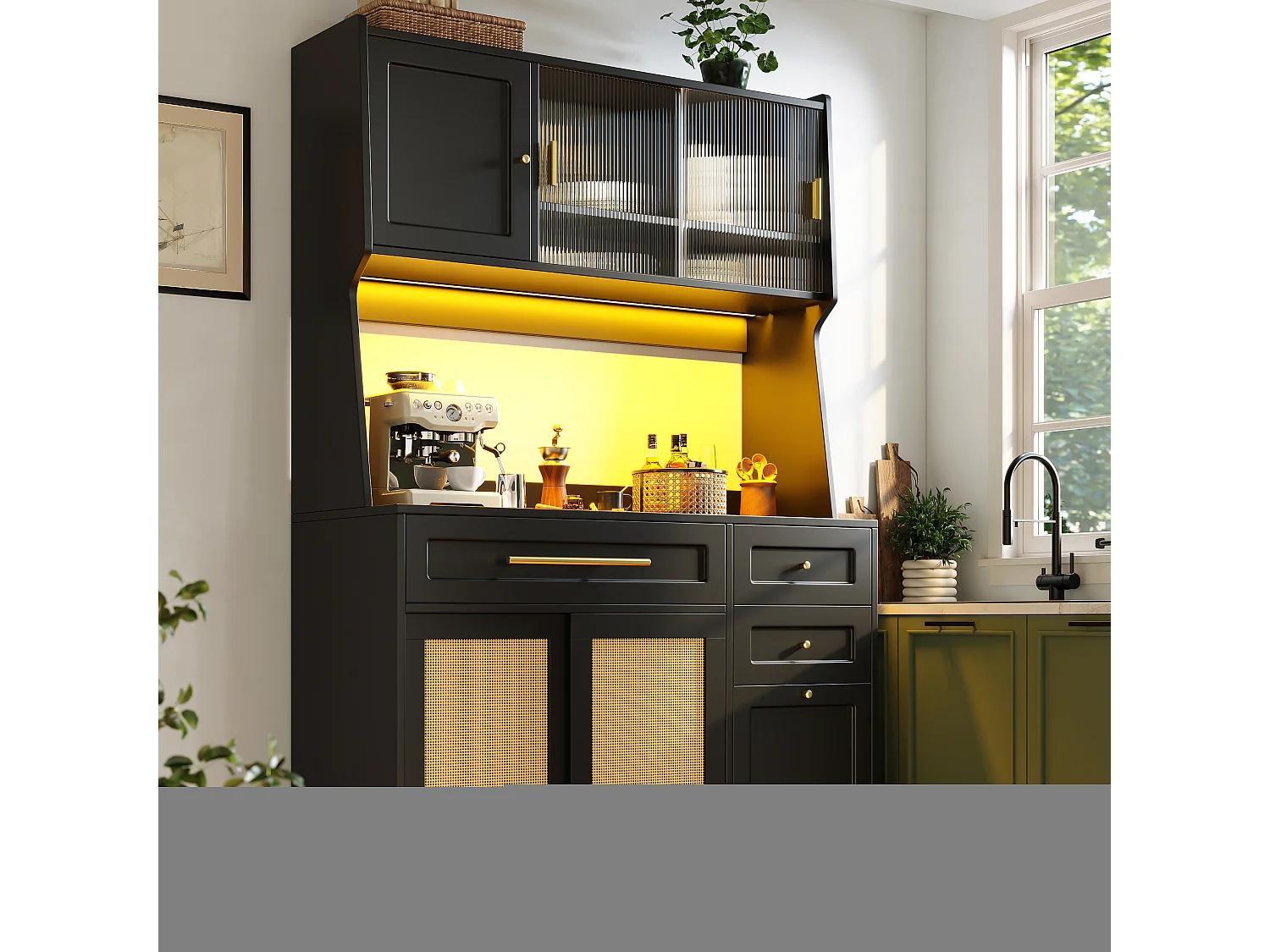 Buffetschrank avec LED, 3 tiroirs, étagères réglables, PE-rattan, MDF, noir (120x45x195.5 cm)