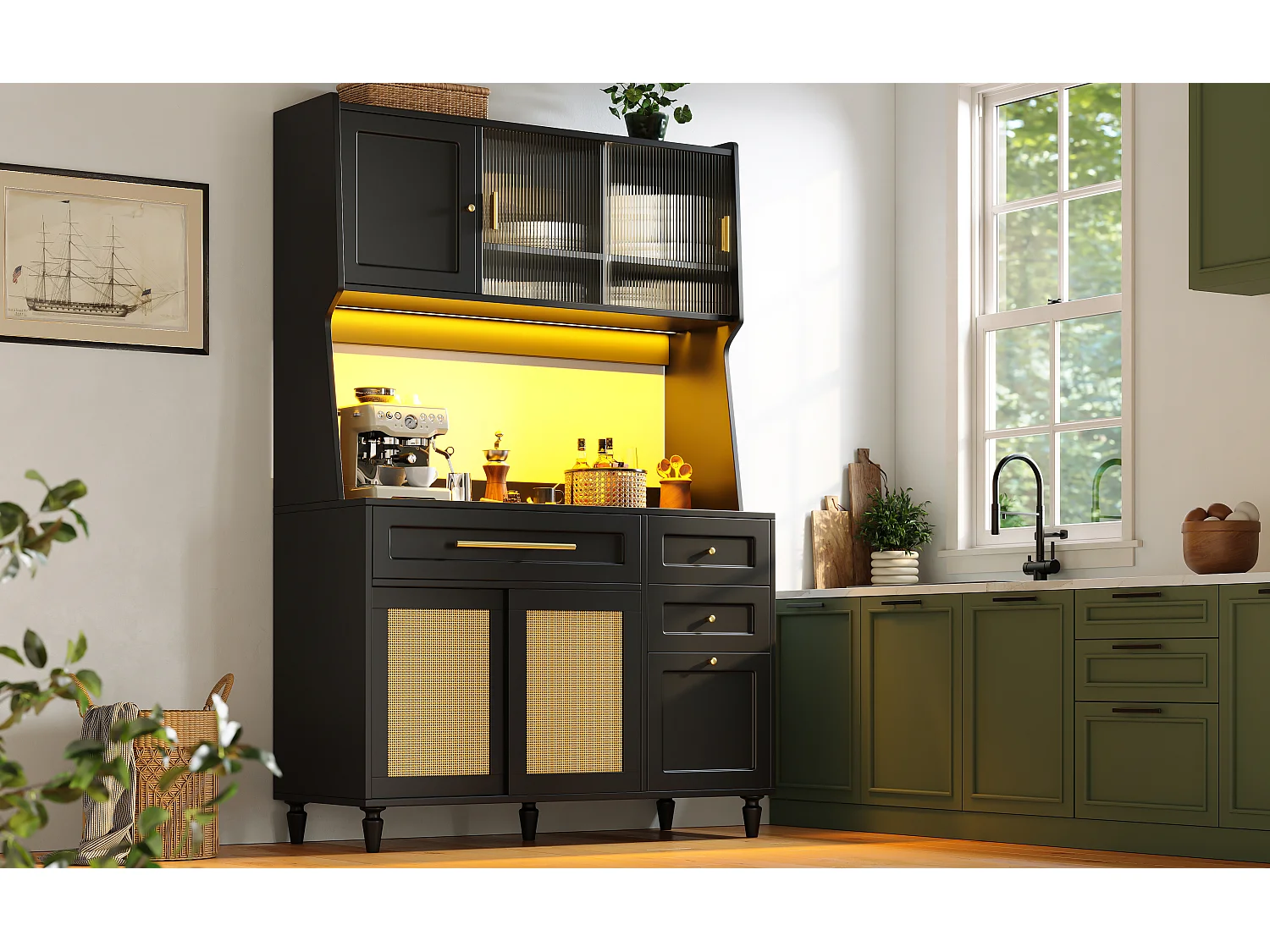 Buffetschrank avec LED, 3 tiroirs, étagères réglables, PE-rattan, MDF, noir (120x45x195.5 cm)
