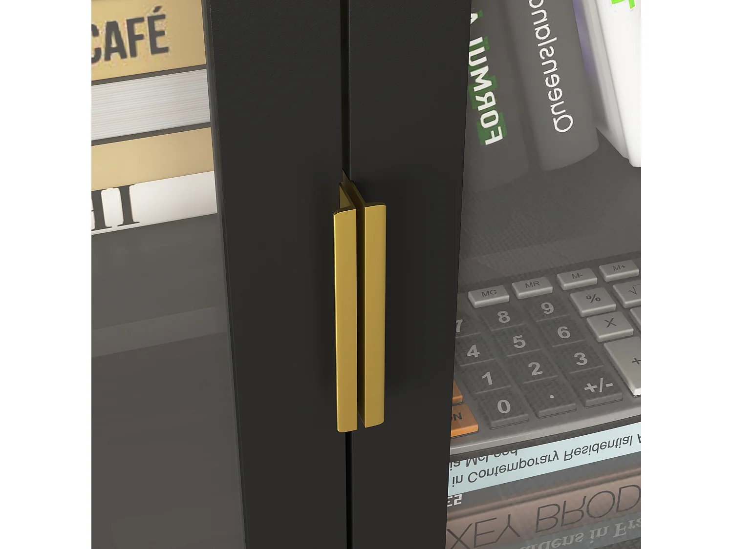 Bibliothèque avec portes en verre trempé, étagères réglables, MDF laqué, noir (60x35x160 cm)