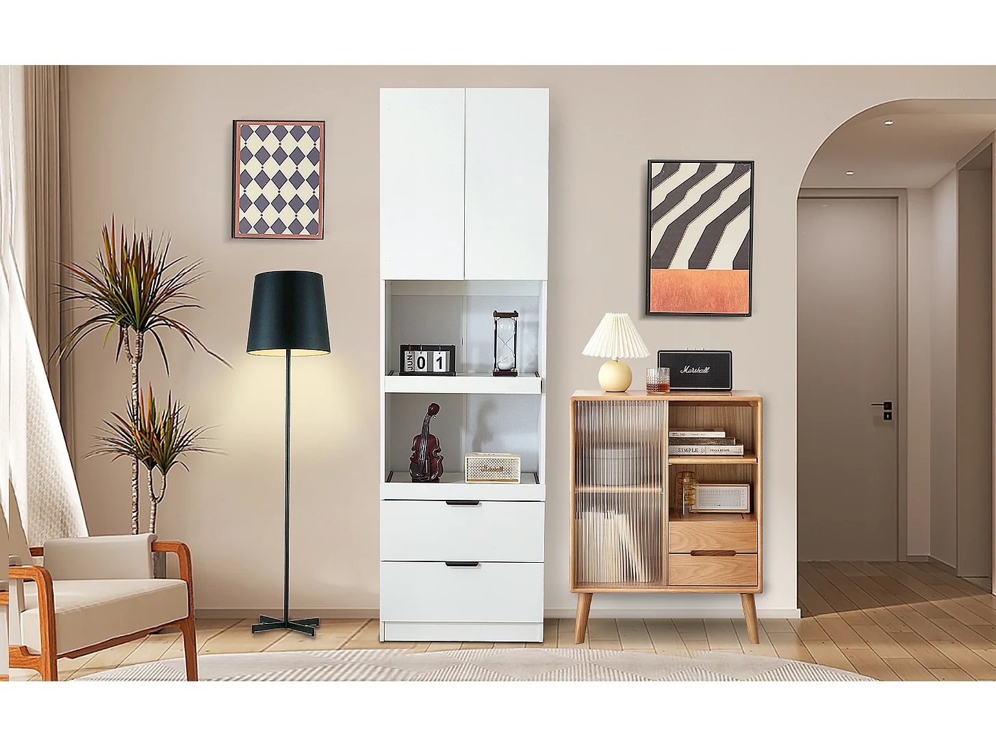 Armoire de Cuisine avec Protection Anti-Renversement, Étagères et Tiroirs, Design Multifonctionnel, Bois MDF, Blanc (59.5x45x200 cm)